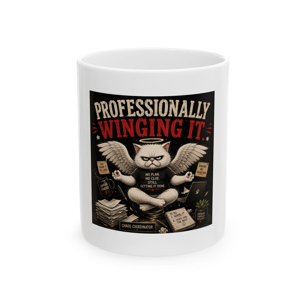 Professionally Winging It Mug — Funny Cat Office Coffee Cup (11oz/15oz)
