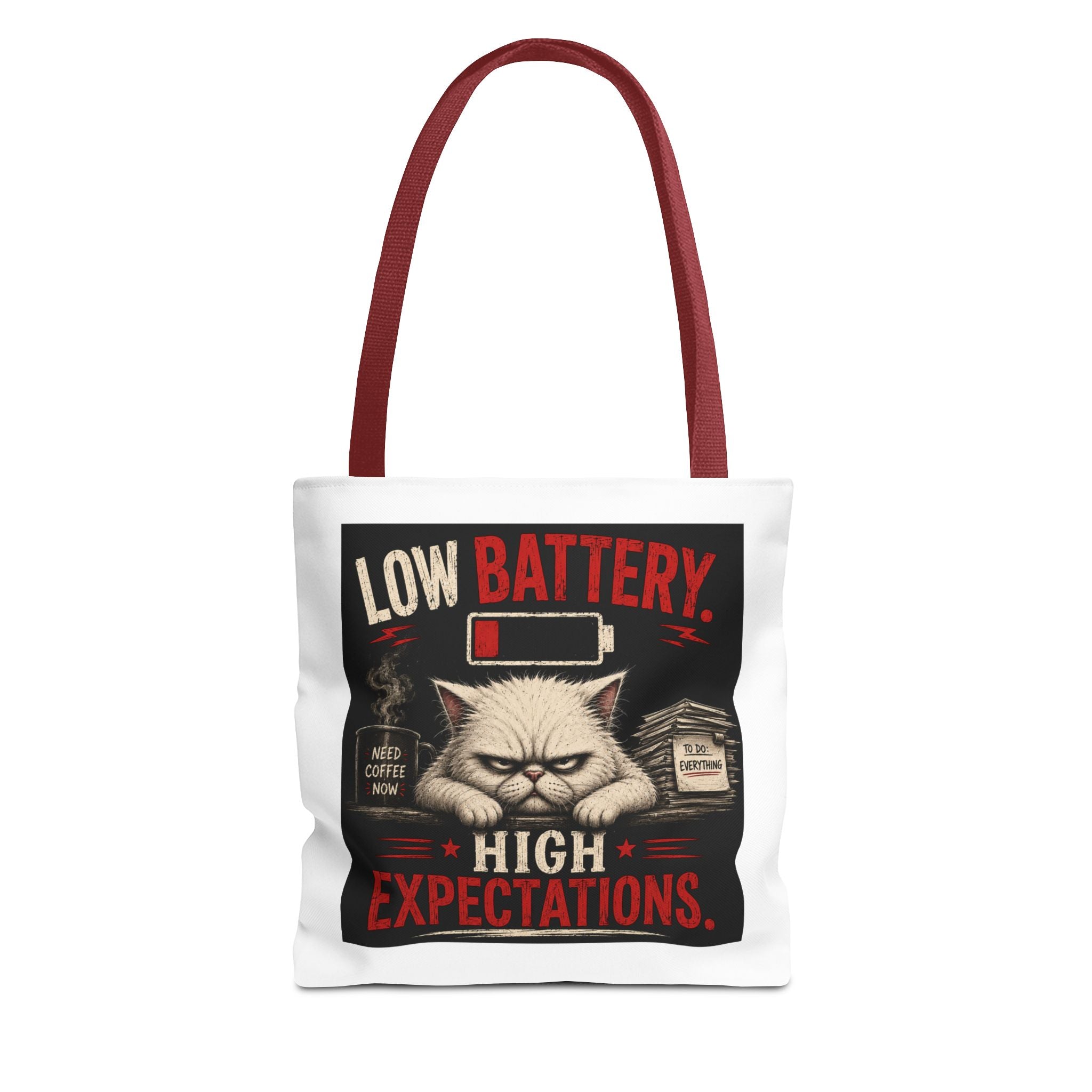 Tote Bag — "Low Battery, High Expectations" Funny Grumpy Cat Graphic Tote