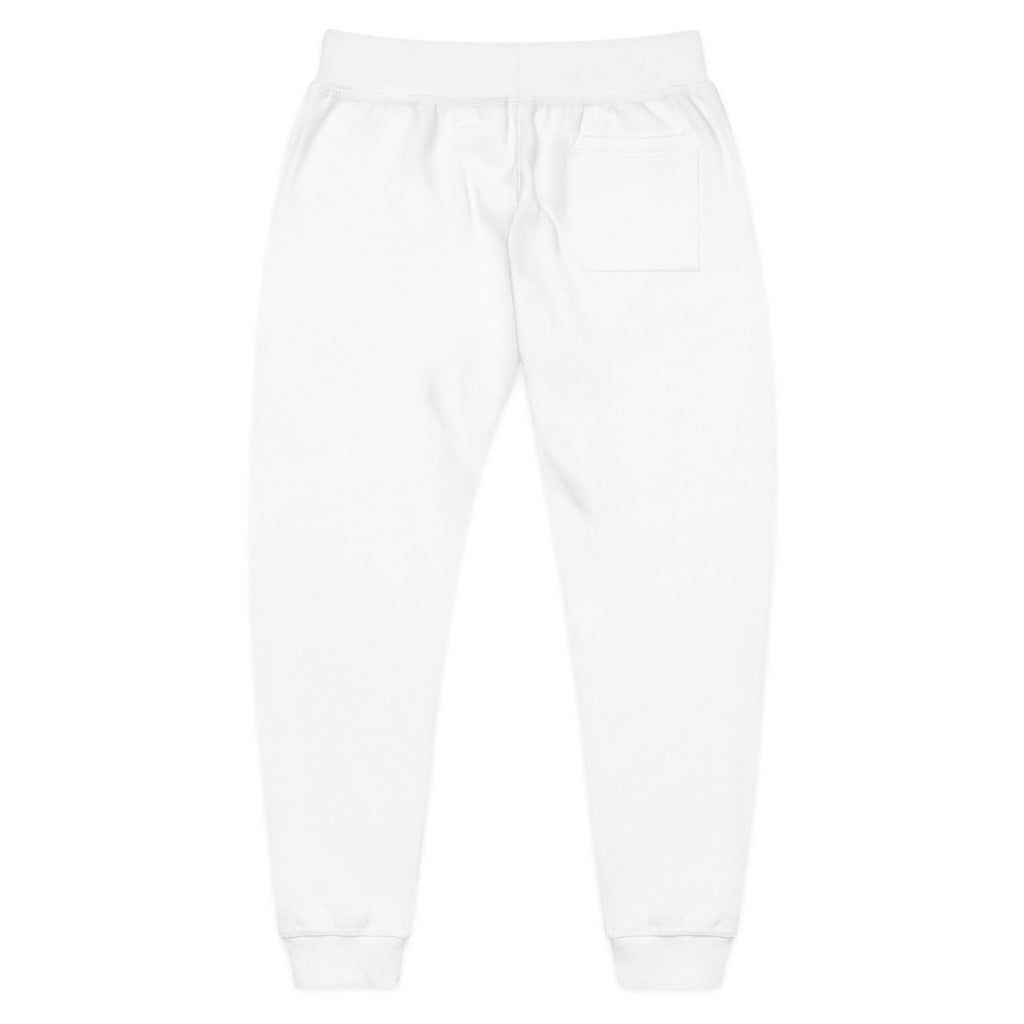 Embroidered White Fleece Sweatpants – Blue and black Patch Logo Joggers
