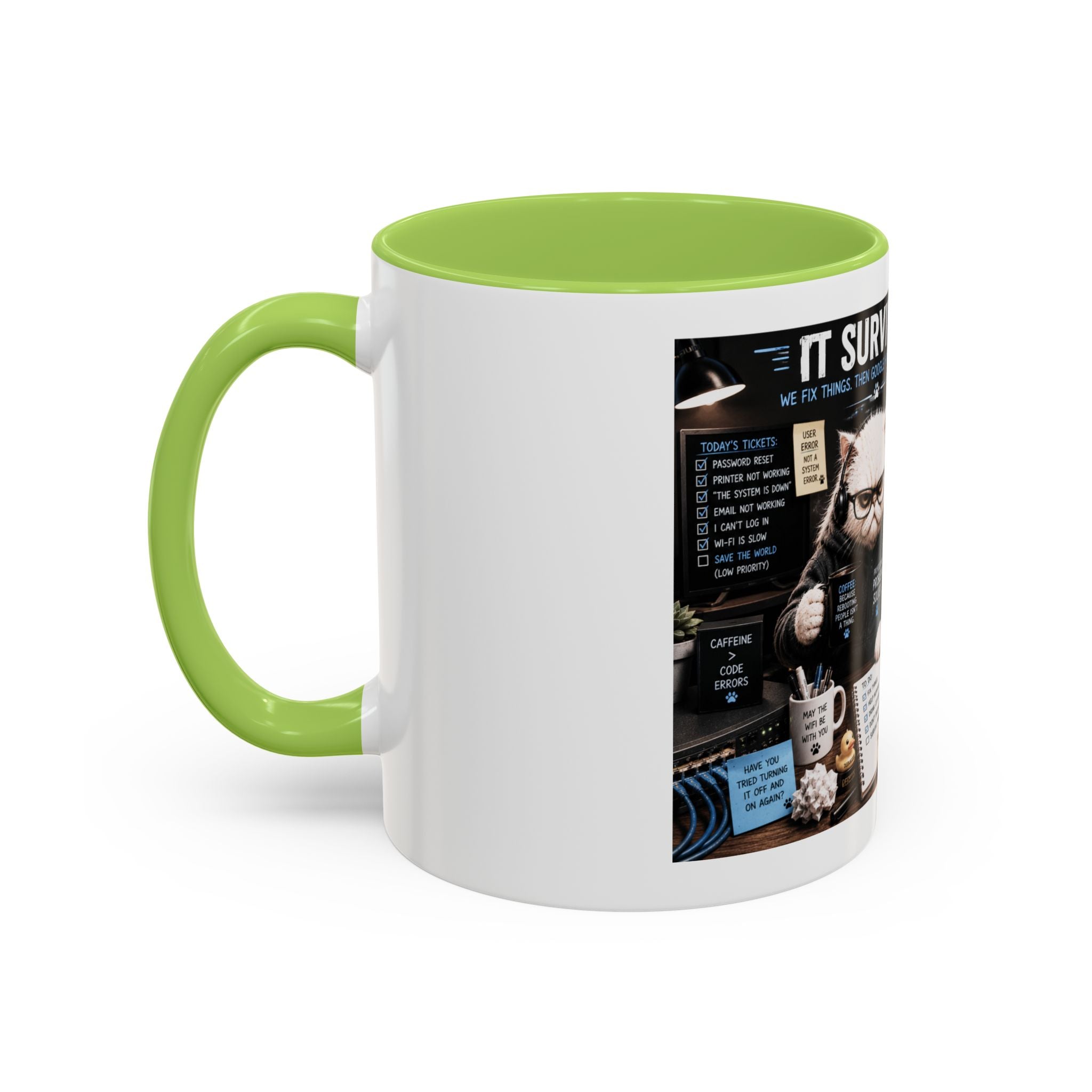 IT Survival Coffee Mug — Funny Cat IT Support Desk Ceramic Accent Mug (11/15oz)