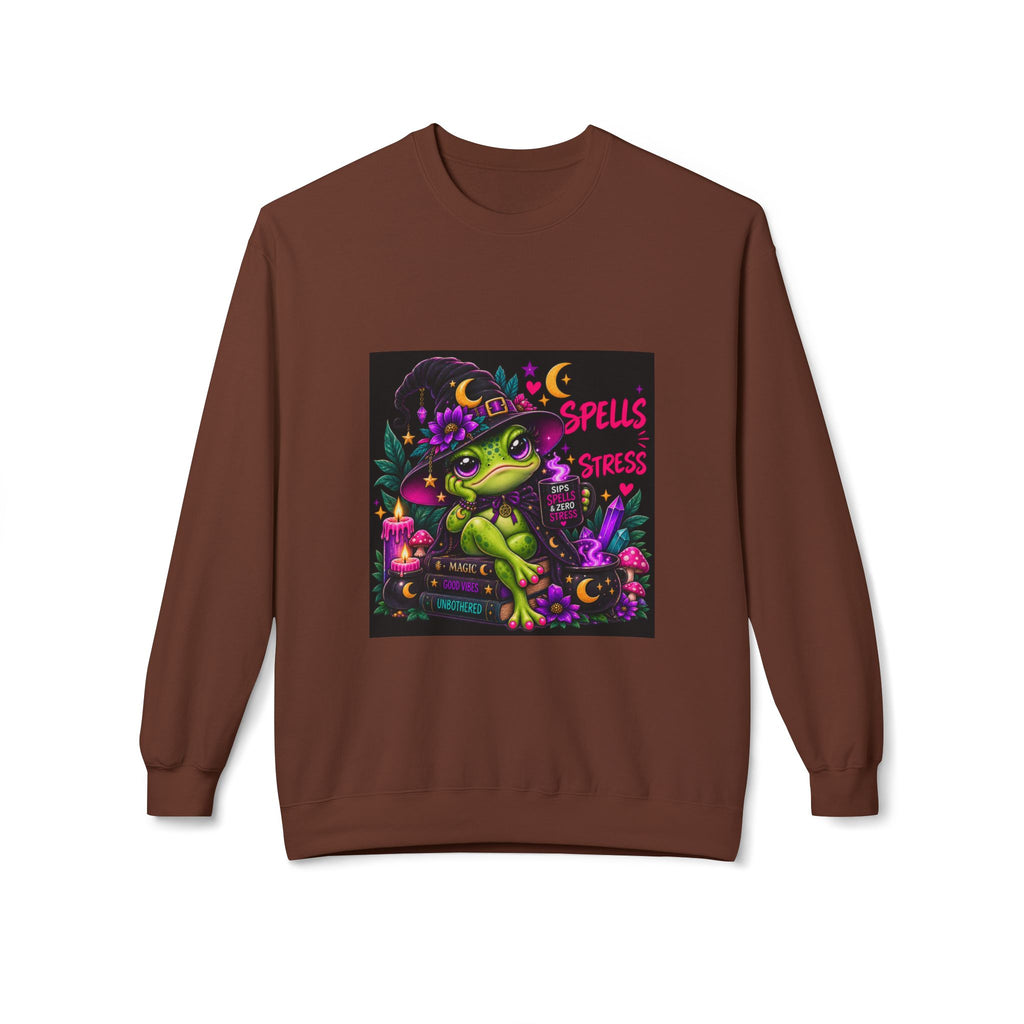 Crewneck Sweatshirt — Cute Witch Frog "Spells > Stress" Graphic