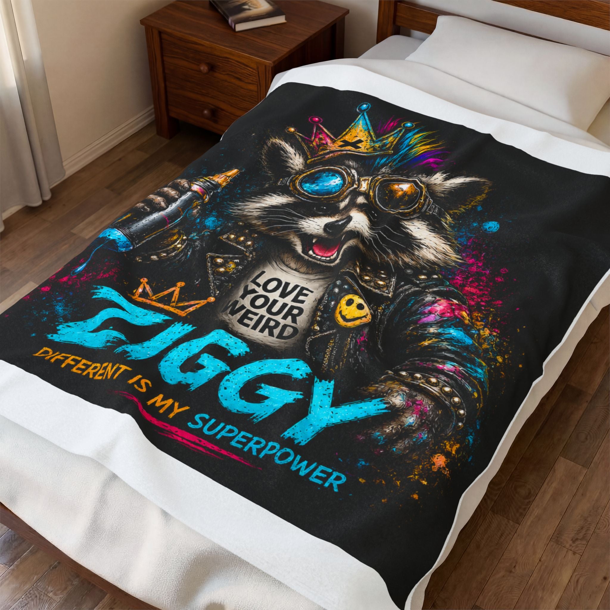 Ziggy Raccoon Velveteen Plush Blanket - 'Love Your Weird' Cozy Throw