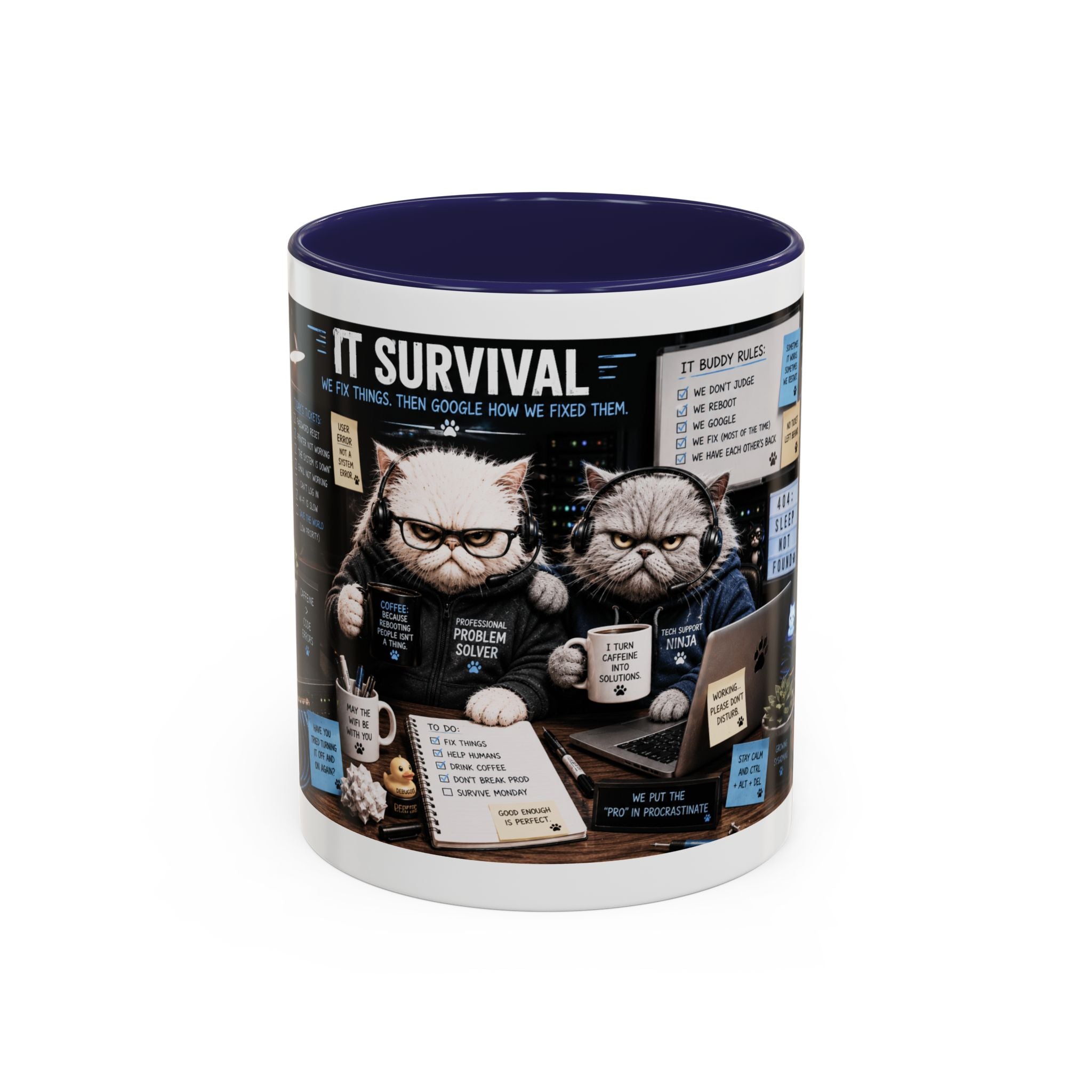 IT Survival Coffee Mug — Funny Cat IT Support Desk Ceramic Accent Mug (11/15oz)