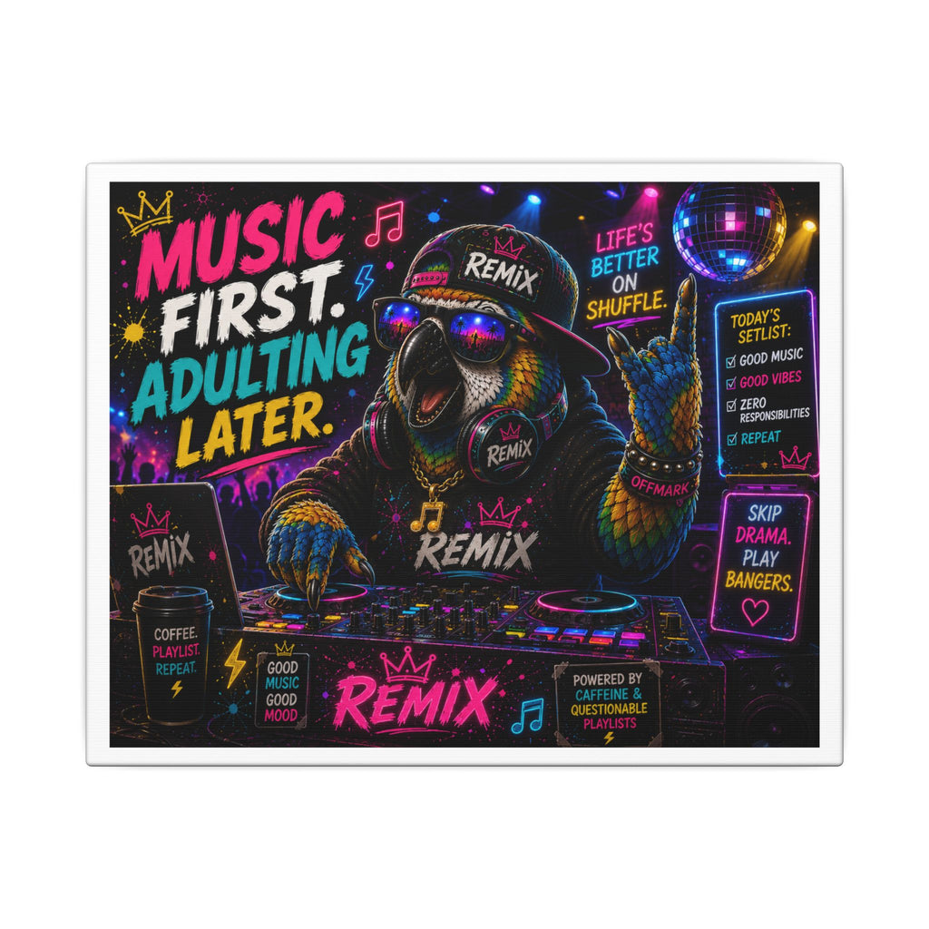 Music First, Adulting Later Canvas Wall Art — Colorful DJ Parrot Remix Print