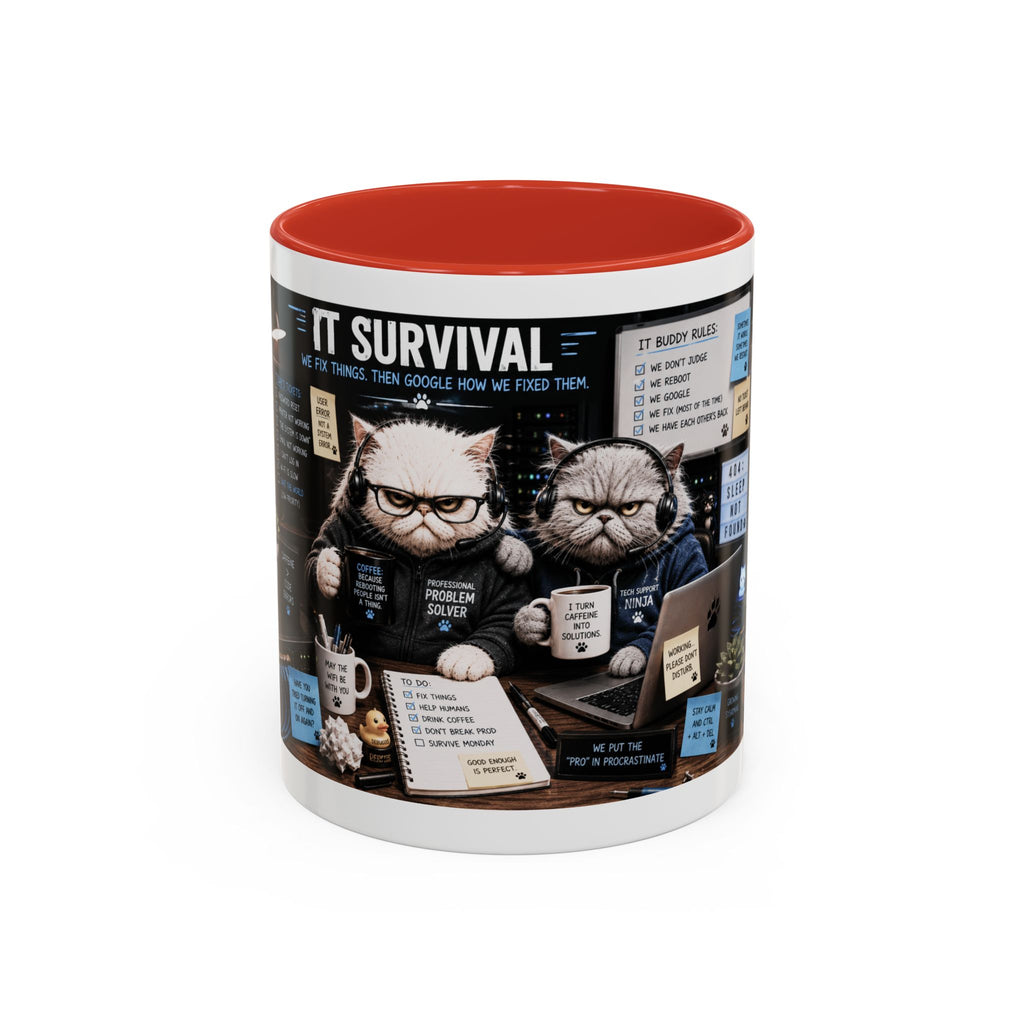 IT Survival Coffee Mug — Funny Cat IT Support Desk Ceramic Accent Mug (11/15oz)