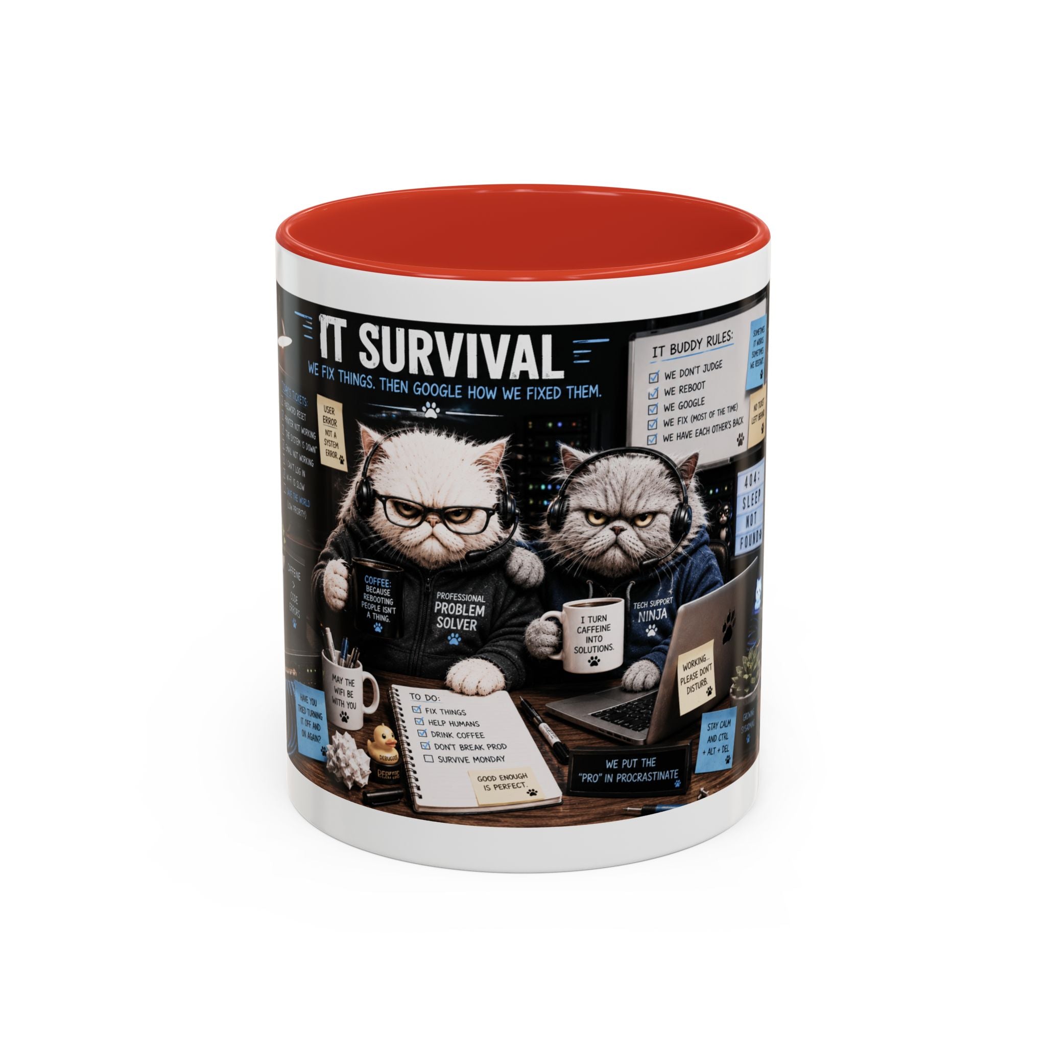 IT Survival Coffee Mug — Funny Cat IT Support Desk Ceramic Accent Mug (11/15oz)
