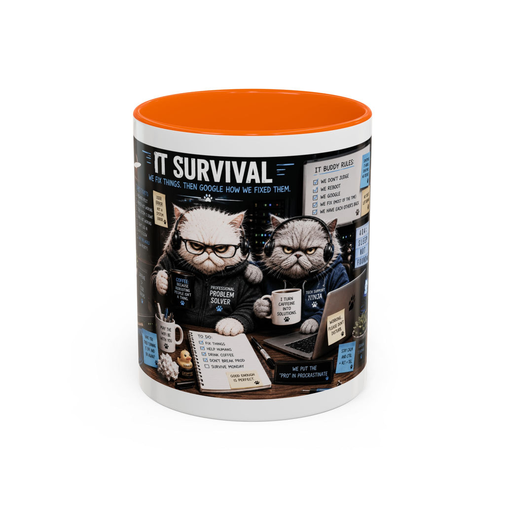 IT Survival Coffee Mug — Funny Cat IT Support Desk Ceramic Accent Mug (11/15oz)