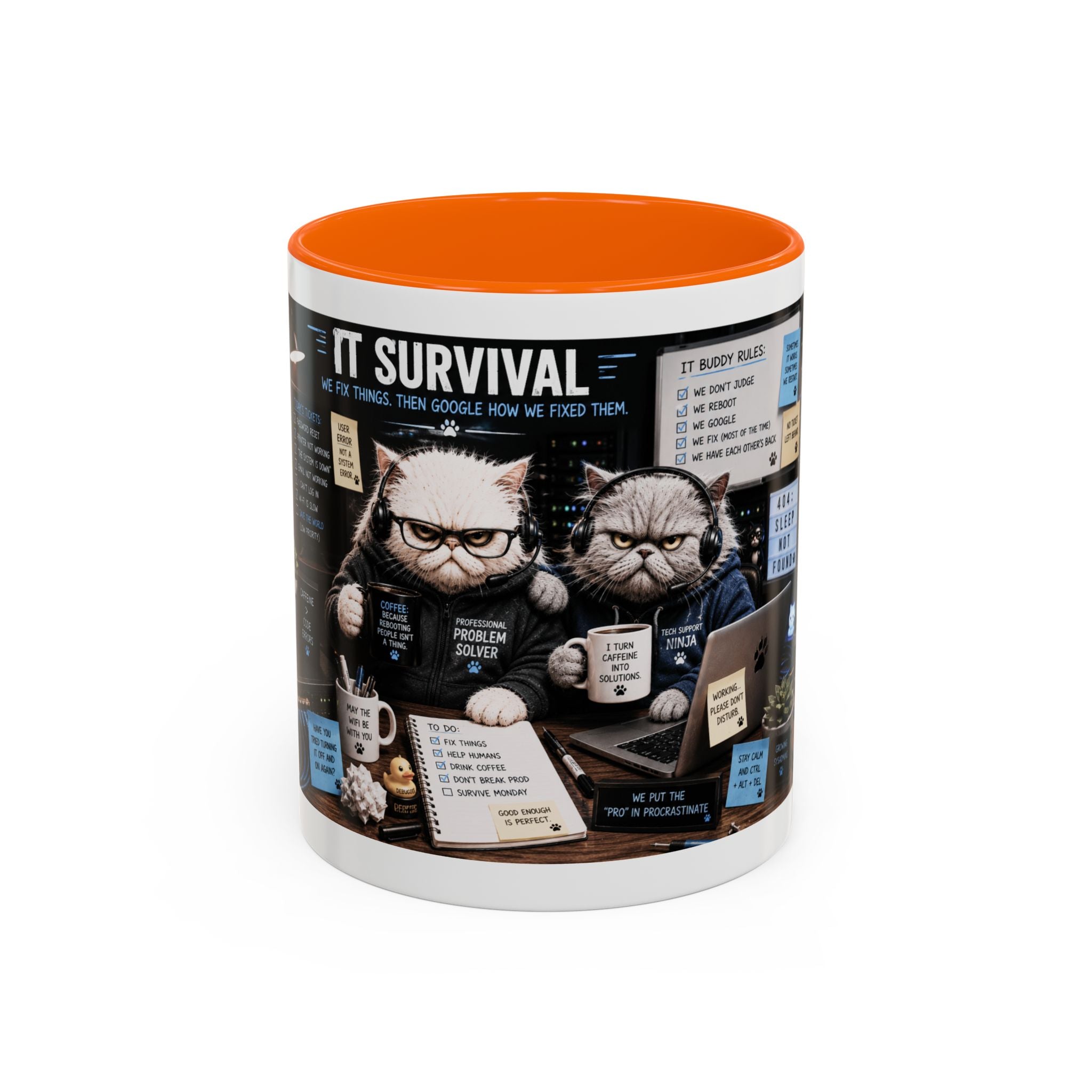 IT Survival Coffee Mug — Funny Cat IT Support Desk Ceramic Accent Mug (11/15oz)
