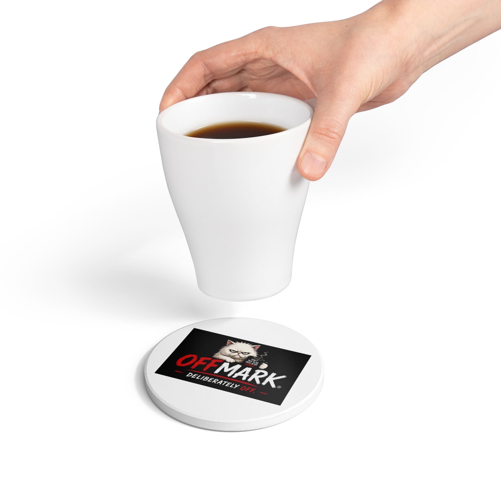 Ceramic Coaster — "OFFMARK Deliberately Off" Grumpy Cat Coffee Coaster