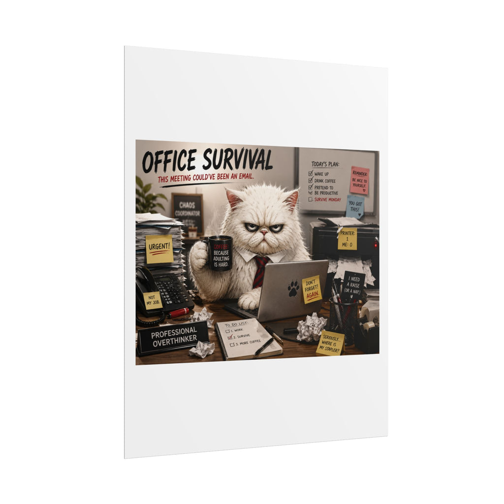 Office Survival Cat Poster — Funny Grumpy Cat Desk Print (Rolled Poster)