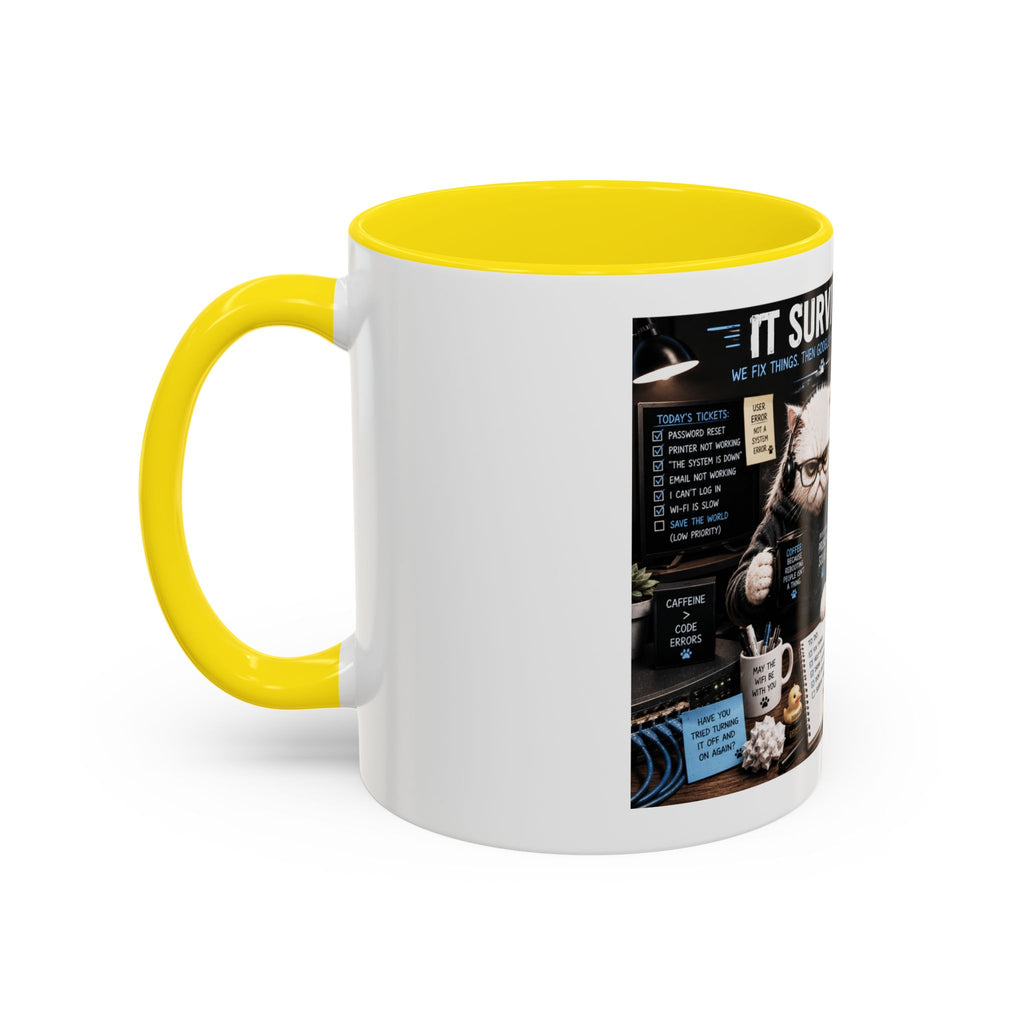 IT Survival Coffee Mug — Funny Cat IT Support Desk Ceramic Accent Mug (11/15oz)