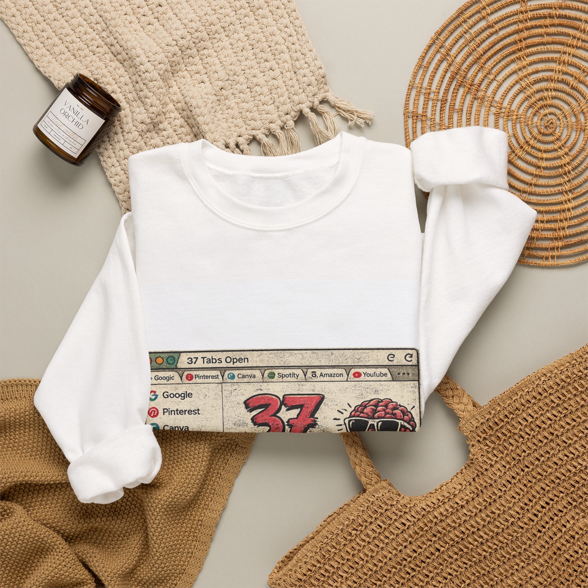 Crewneck Sweatshirt — "37 Tabs Open" Funny Brain Browser Graphic