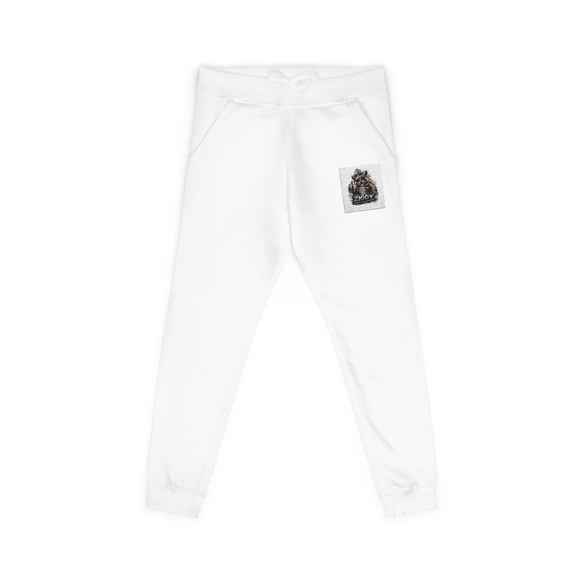 White Fleece Joggers with Ziggy the Raccoon Logo