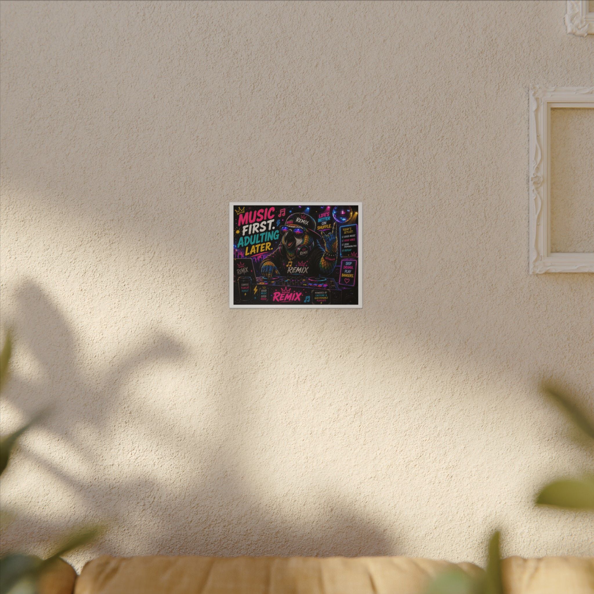 Music First, Adulting Later Canvas Wall Art — Colorful DJ Parrot Remix Print