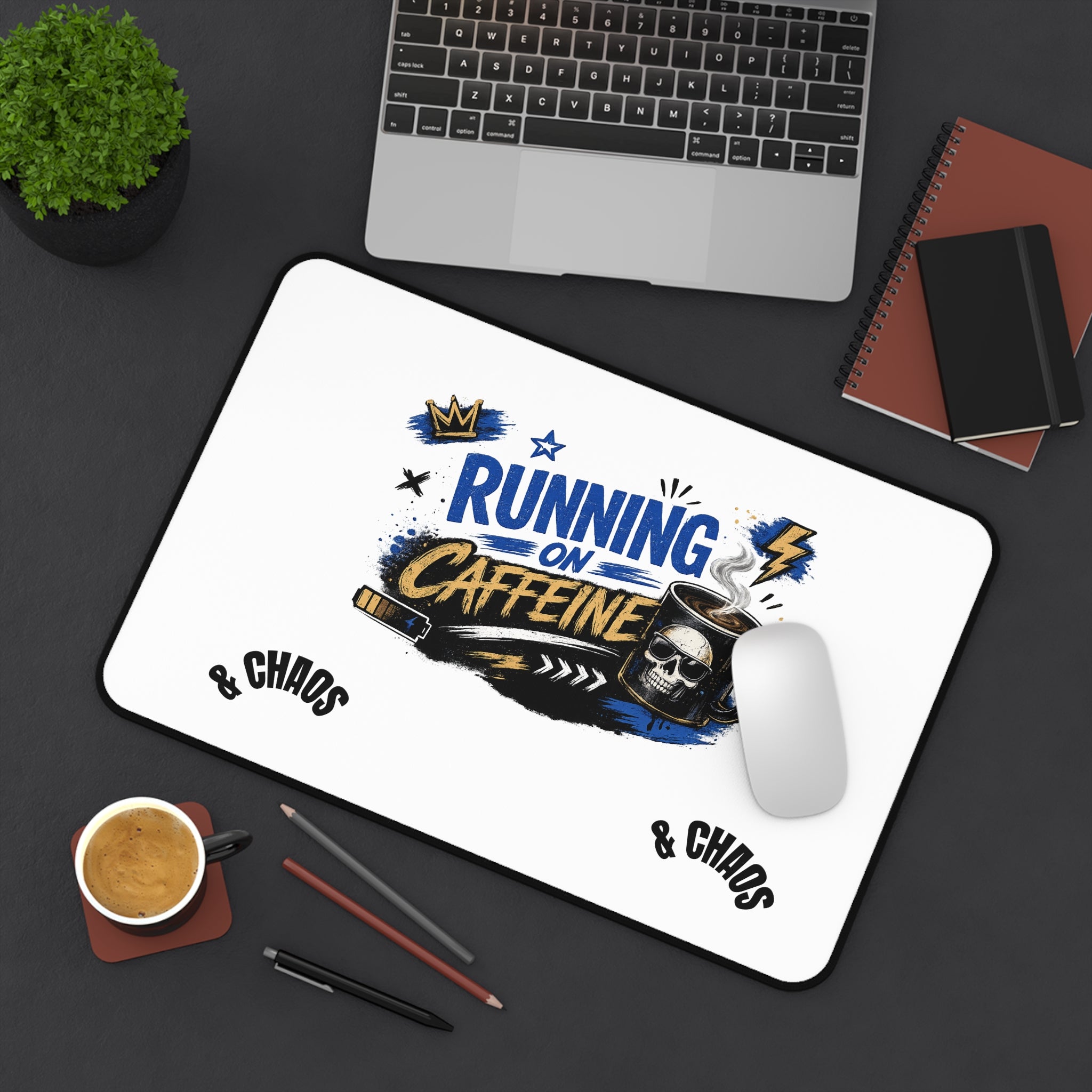 Desk Mat — "Running on Caffeine" Graphic Desk Mat for Gamers & Remote Workers