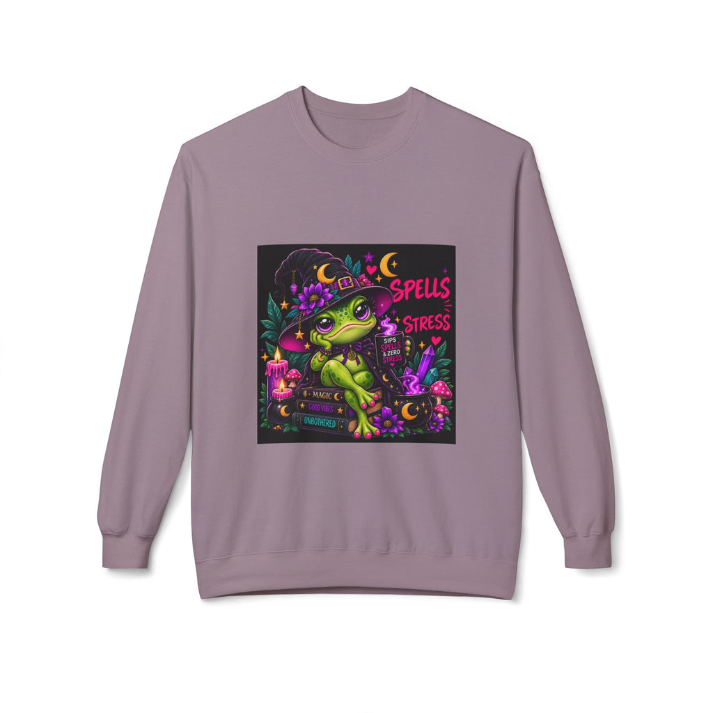 Crewneck Sweatshirt — Cute Witch Frog "Spells > Stress" Graphic