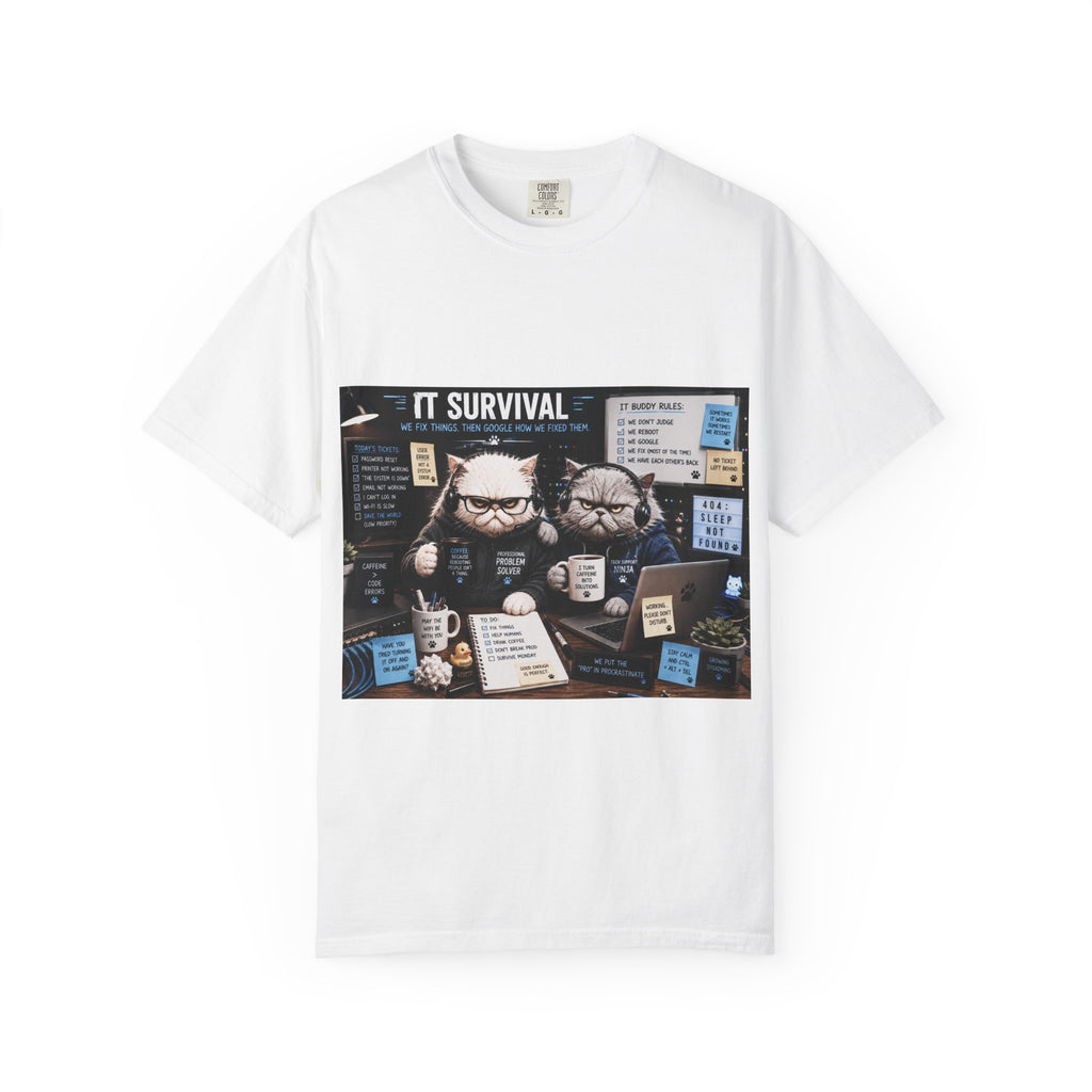 IT Survival T-Shirt — Funny Cat Programmers Desk Graphic Tee