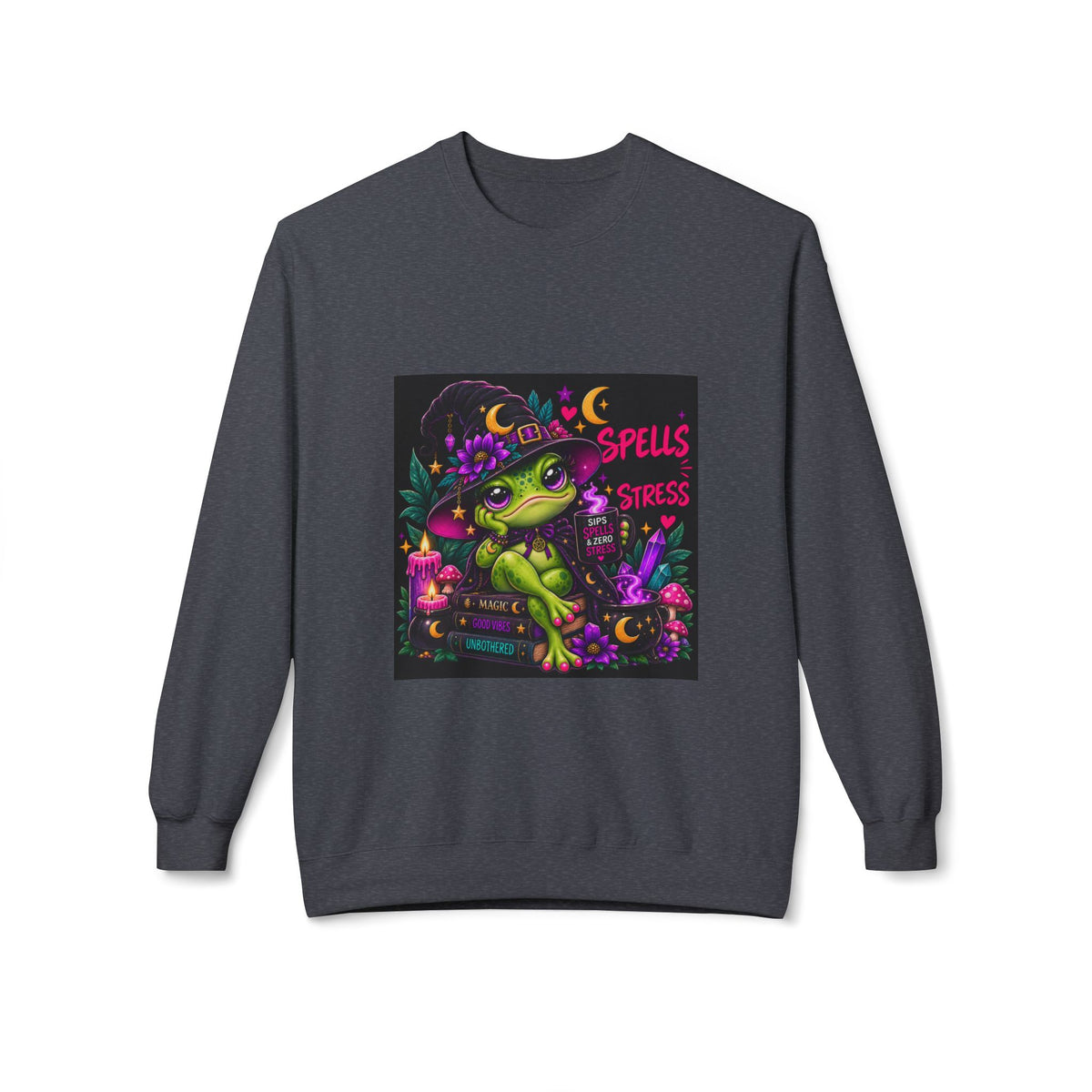 Crewneck Sweatshirt — Cute Witch Frog "Spells > Stress" Graphic