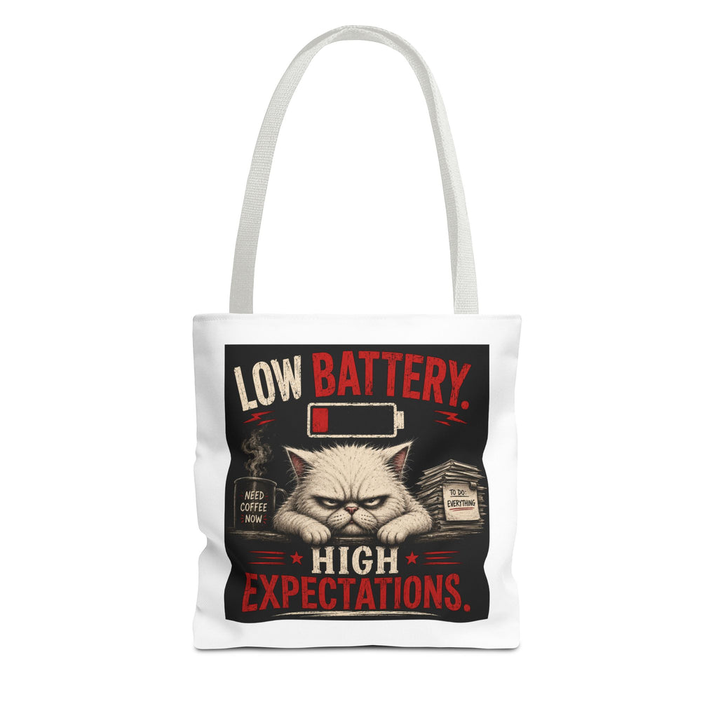 Tote Bag — "Low Battery, High Expectations" Funny Grumpy Cat Graphic Tote