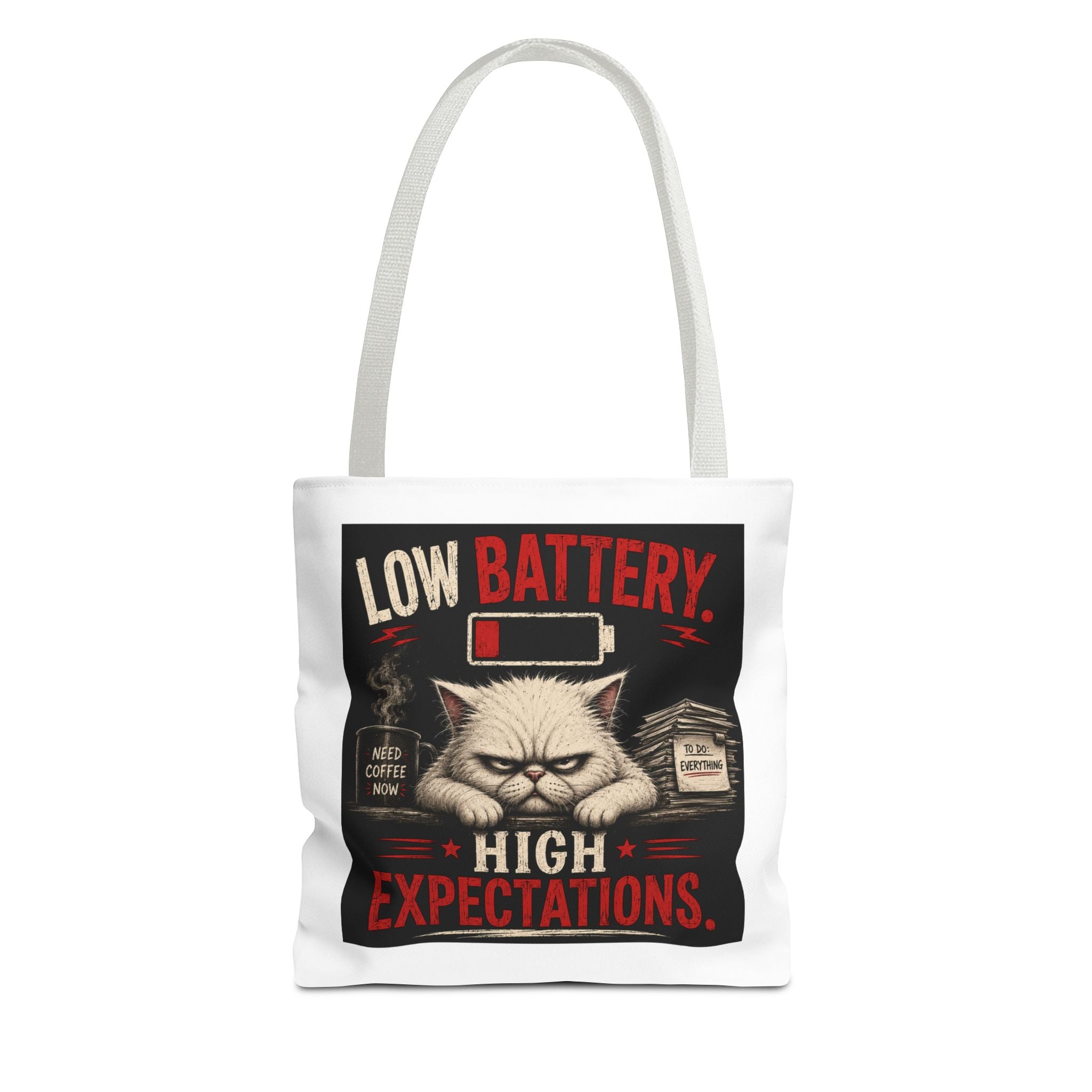 Tote Bag — "Low Battery, High Expectations" Funny Grumpy Cat Graphic Tote