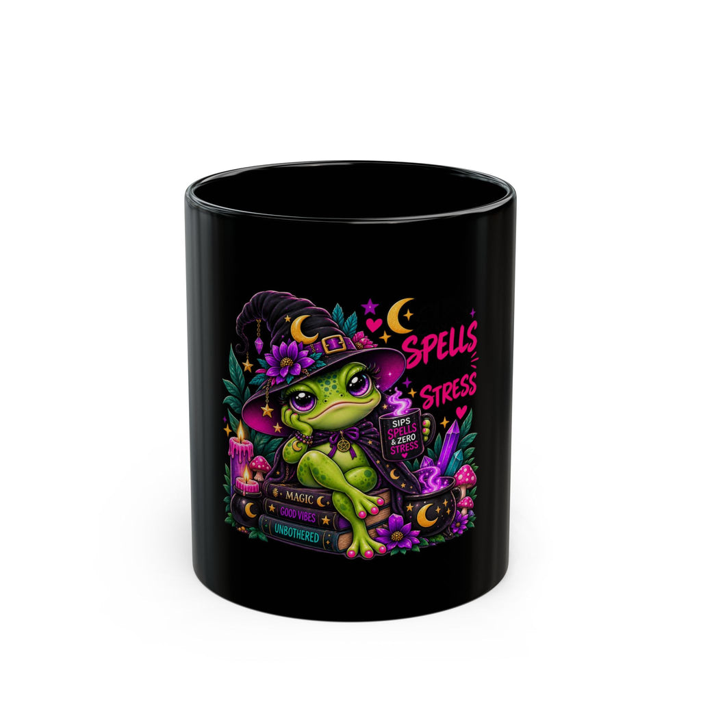 Magic Frog Witch Mug — "Spells Not Stress" Black Coffee Cup (11oz/15oz)
