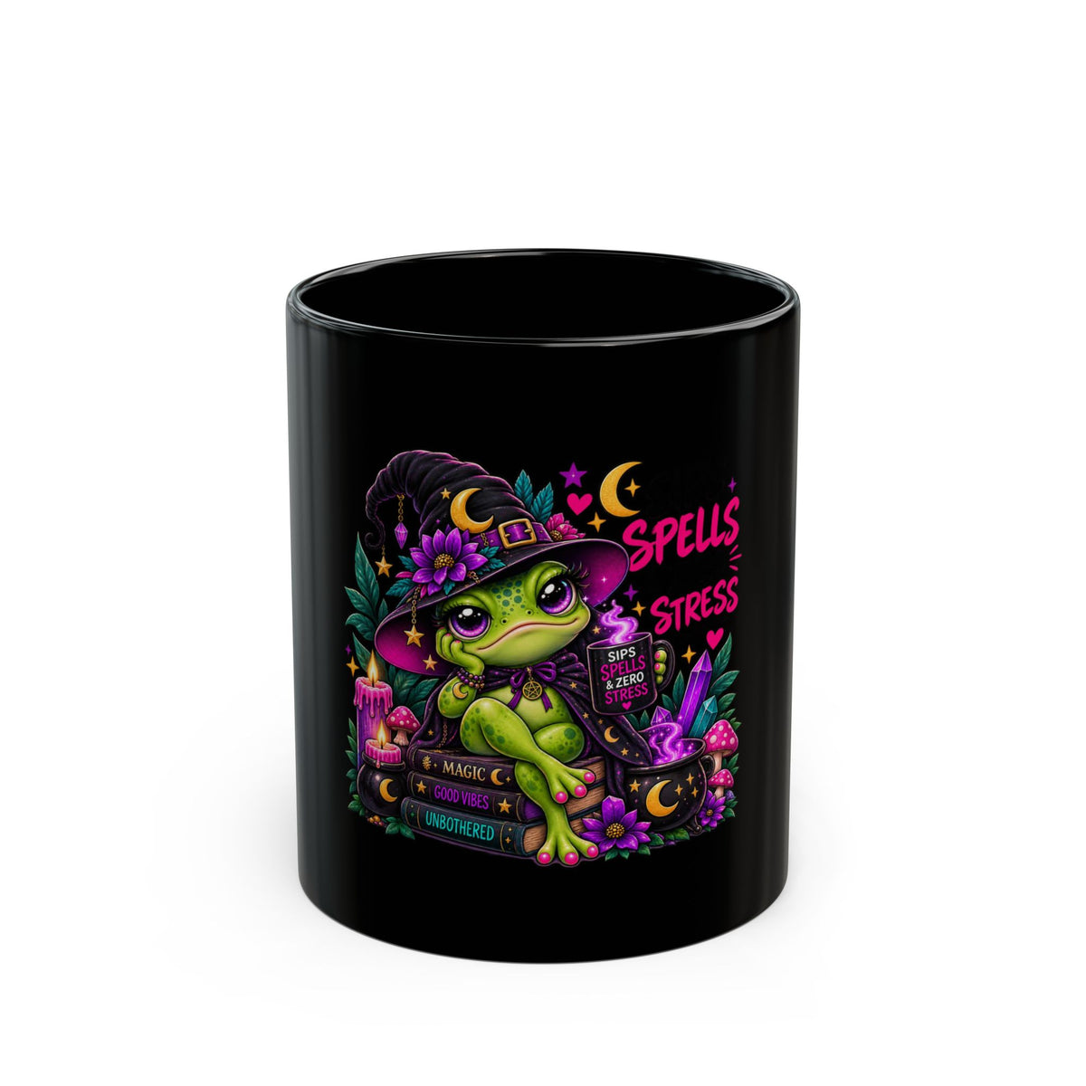 Magic Frog Witch Mug — "Spells Not Stress" Black Coffee Cup (11oz/15oz)