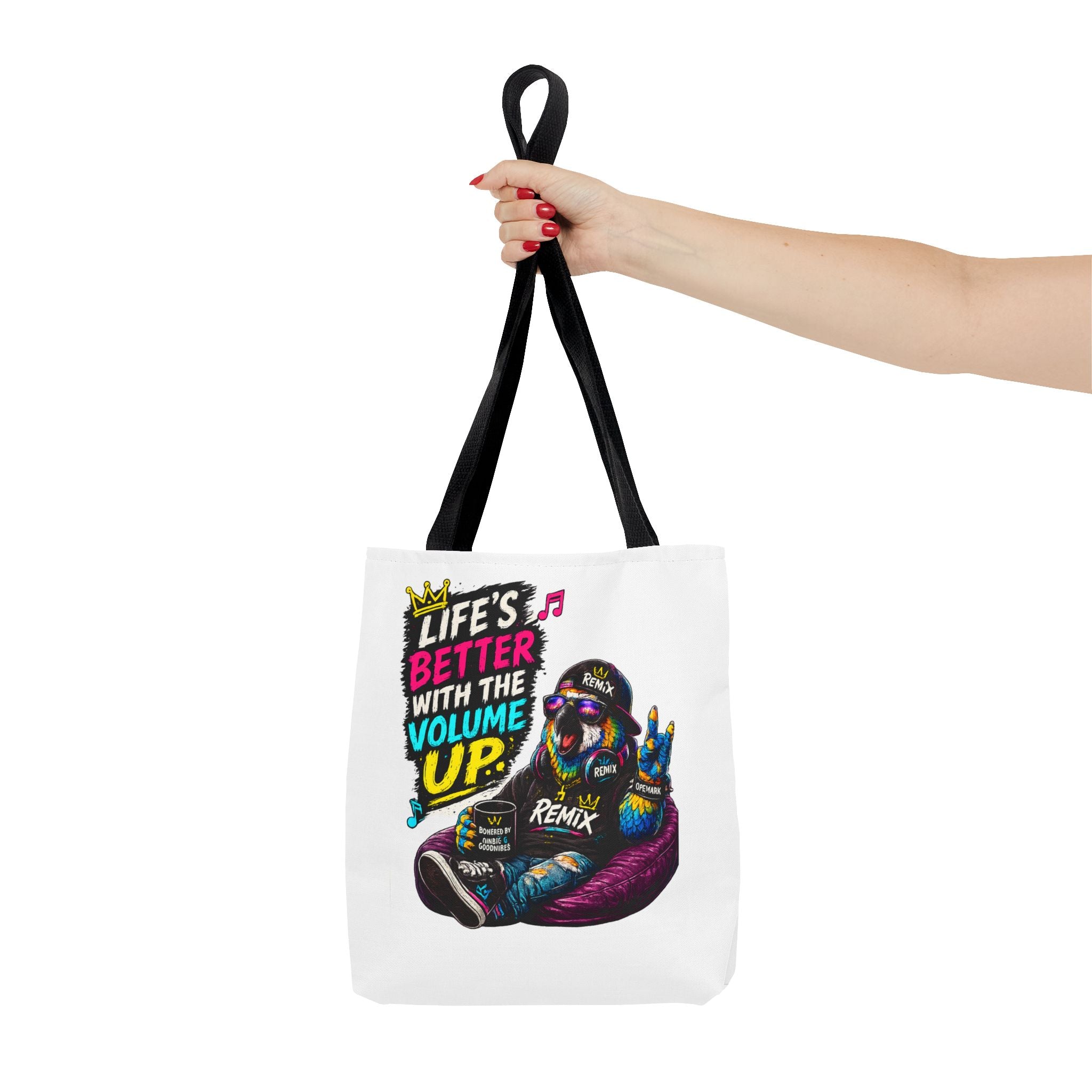 "Life is better with the volume up" Tote-Remix the Parrot