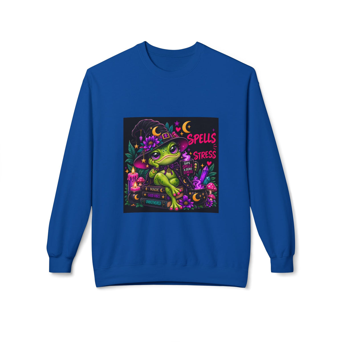 Crewneck Sweatshirt — Cute Witch Frog "Spells > Stress" Graphic