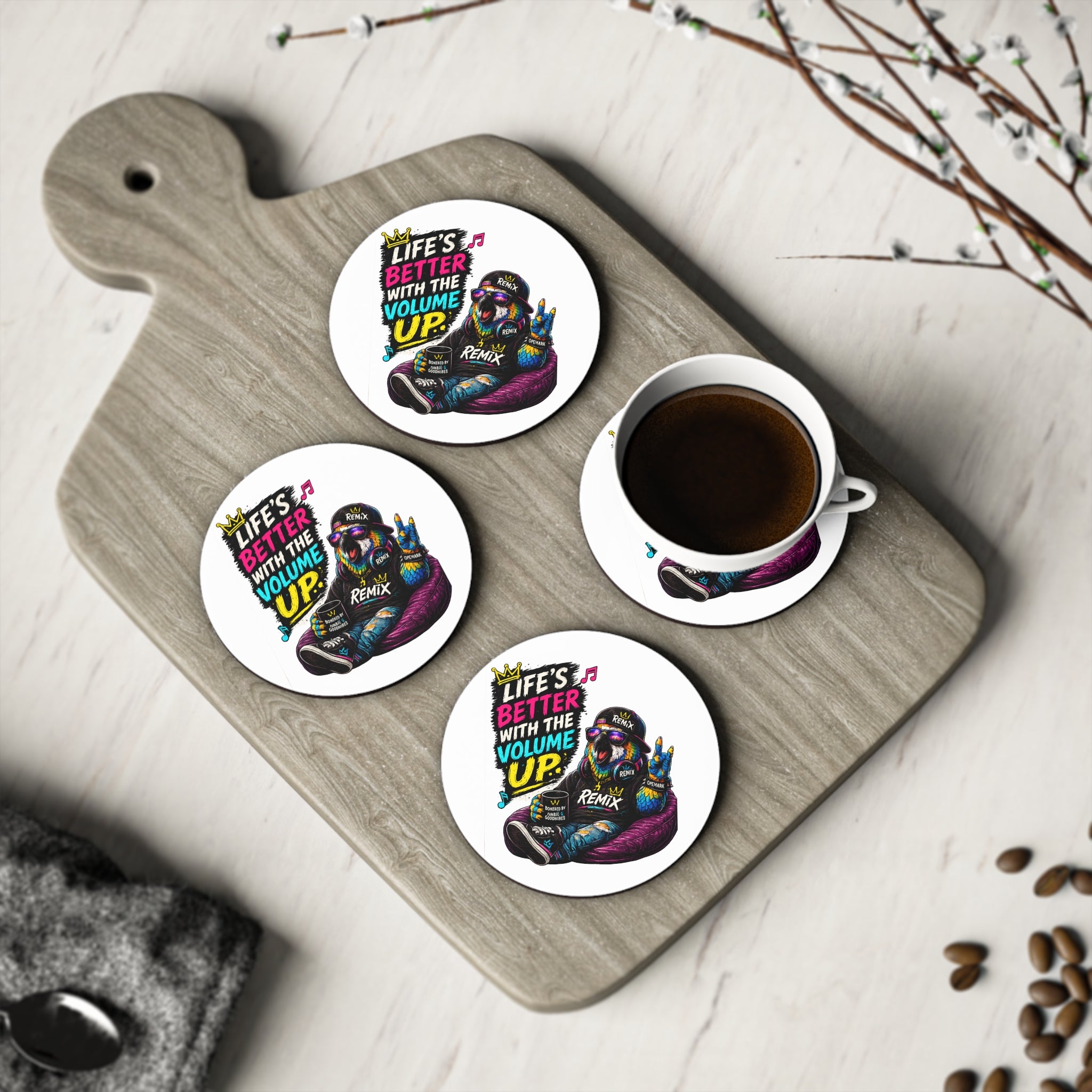 "Life's Better With The Volume Up" Coaster —Remix the Parrot