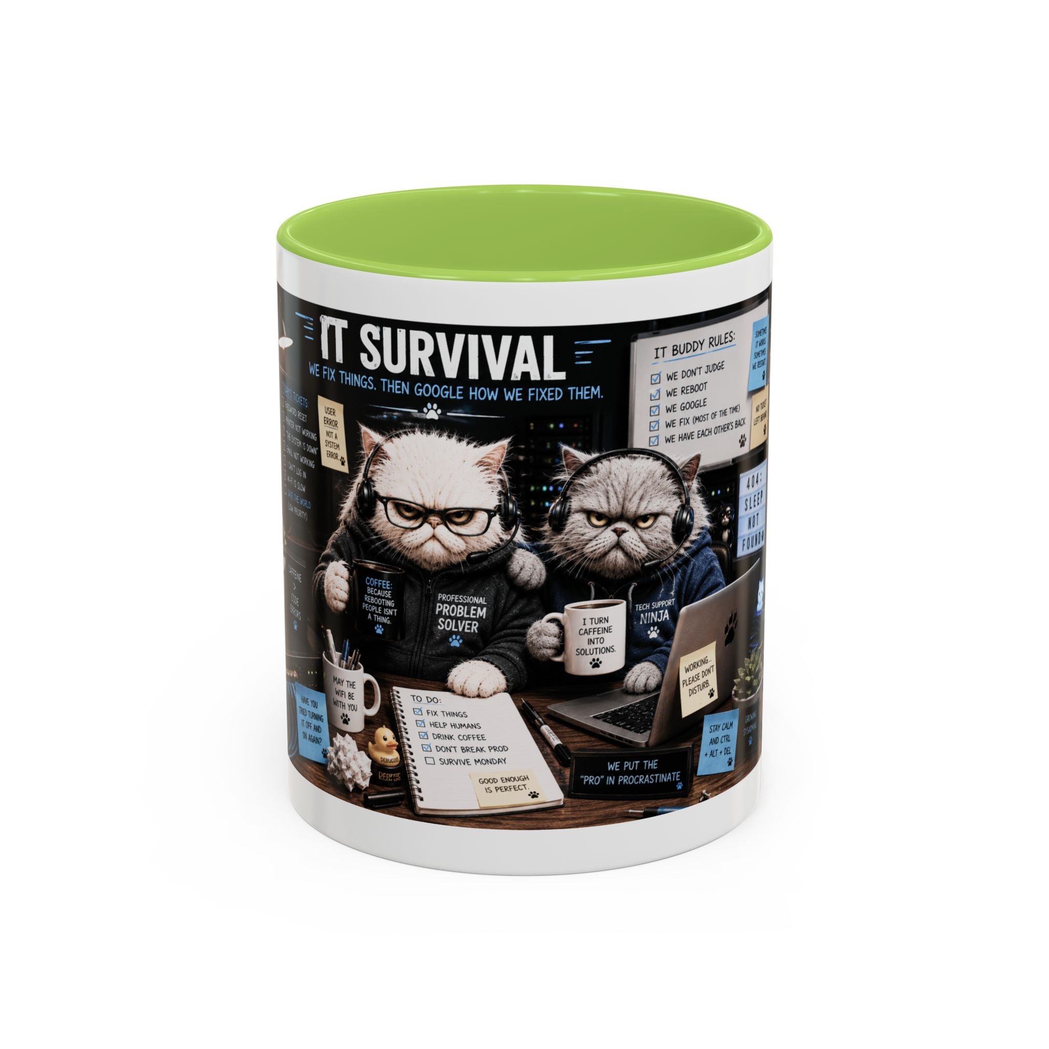 IT Survival Coffee Mug — Funny Cat IT Support Desk Ceramic Accent Mug (11/15oz)