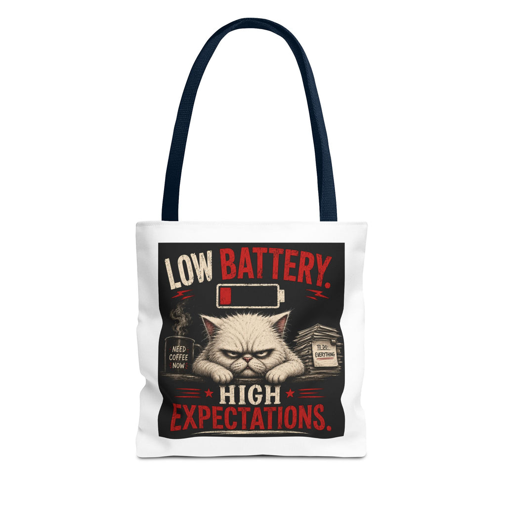 Tote Bag — "Low Battery, High Expectations" Funny Grumpy Cat Graphic Tote