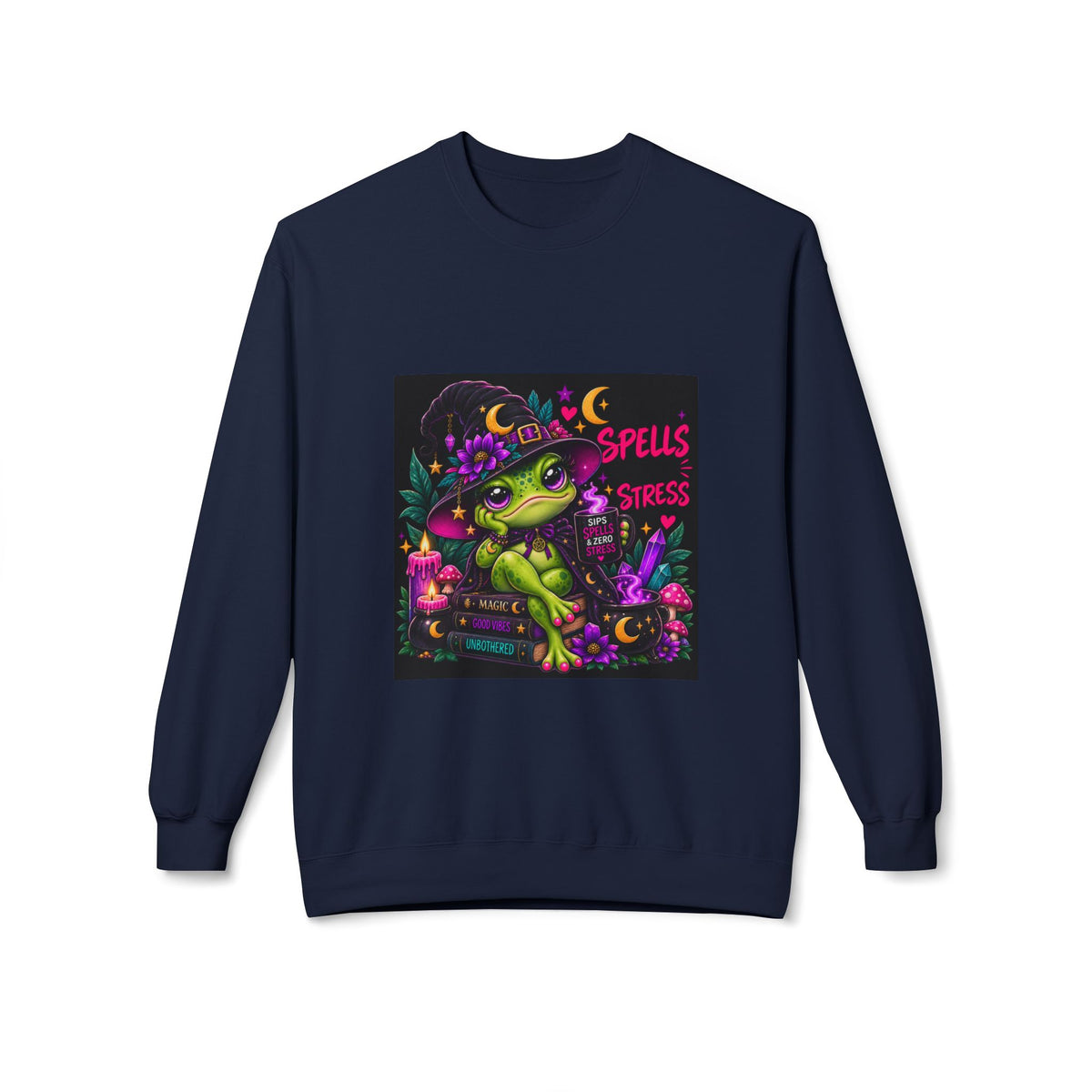 Crewneck Sweatshirt — Cute Witch Frog "Spells > Stress" Graphic