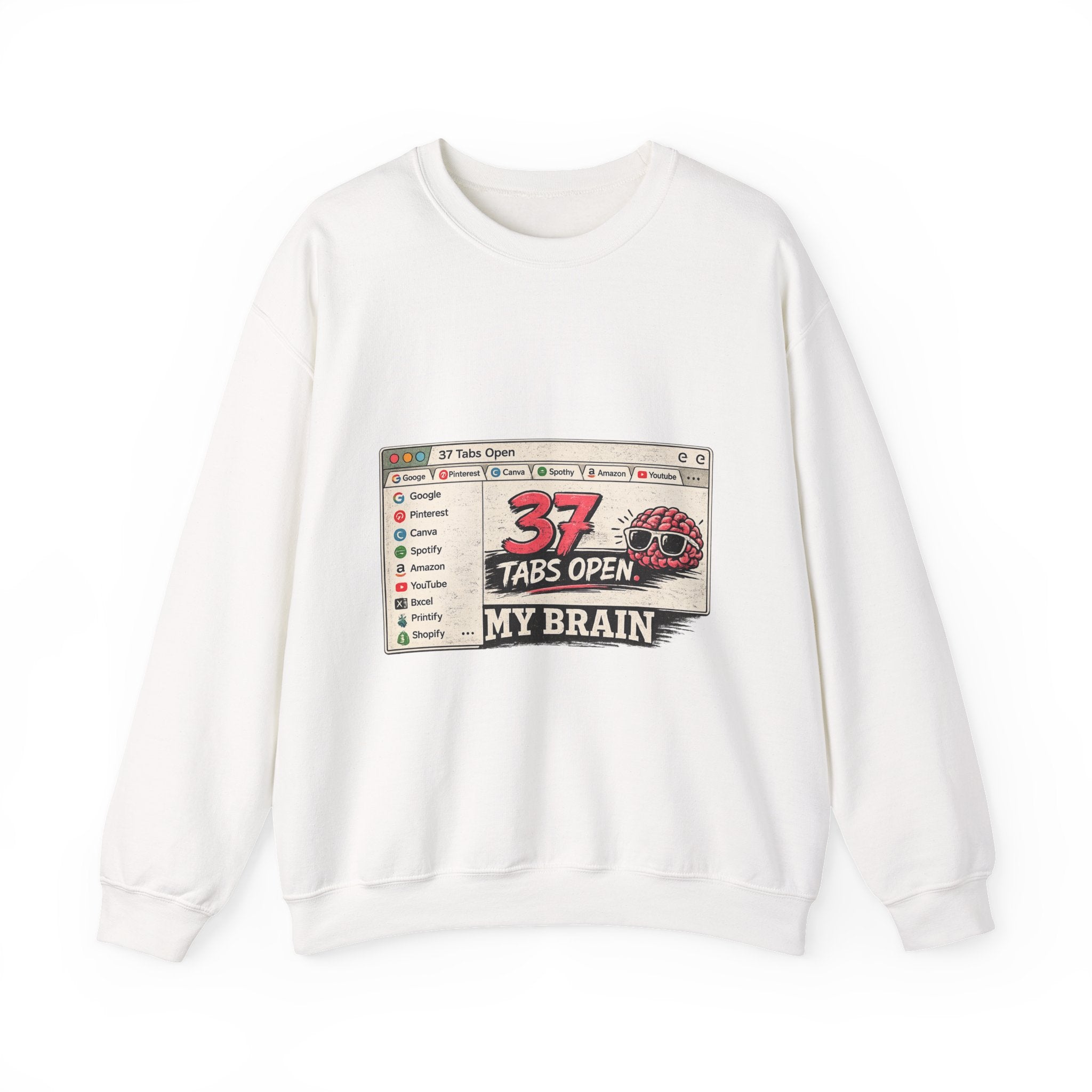 Crewneck Sweatshirt — “37 Tabs Open, My Brain” Vintage Browser Graphic