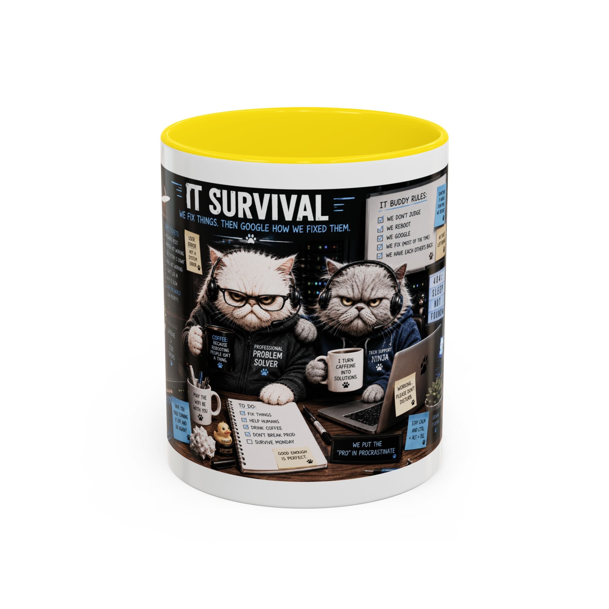 IT Survival Coffee Mug — Funny Cat IT Support Desk Ceramic Accent Mug (11/15oz)
