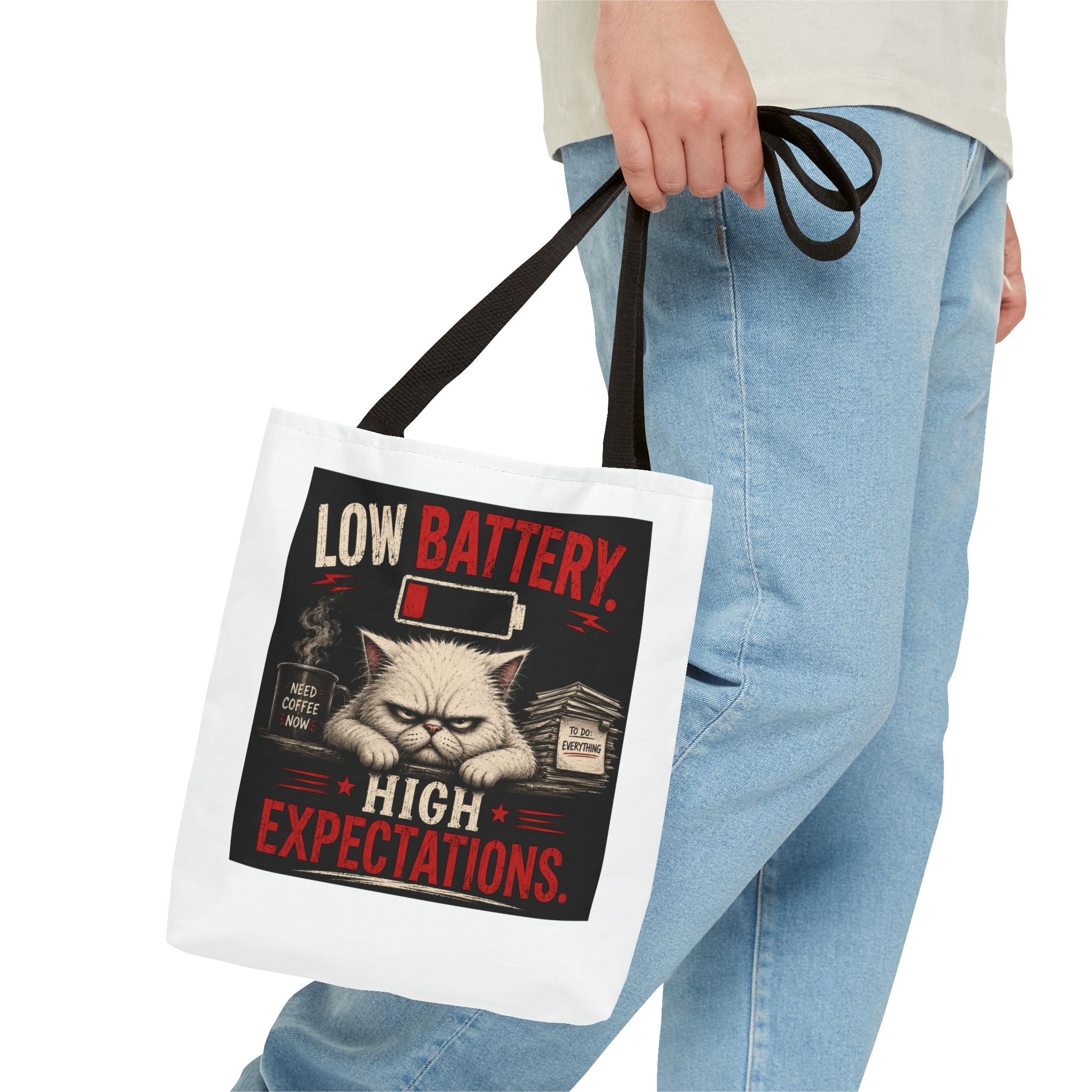 Tote Bag — "Low Battery, High Expectations" Funny Grumpy Cat Graphic Tote