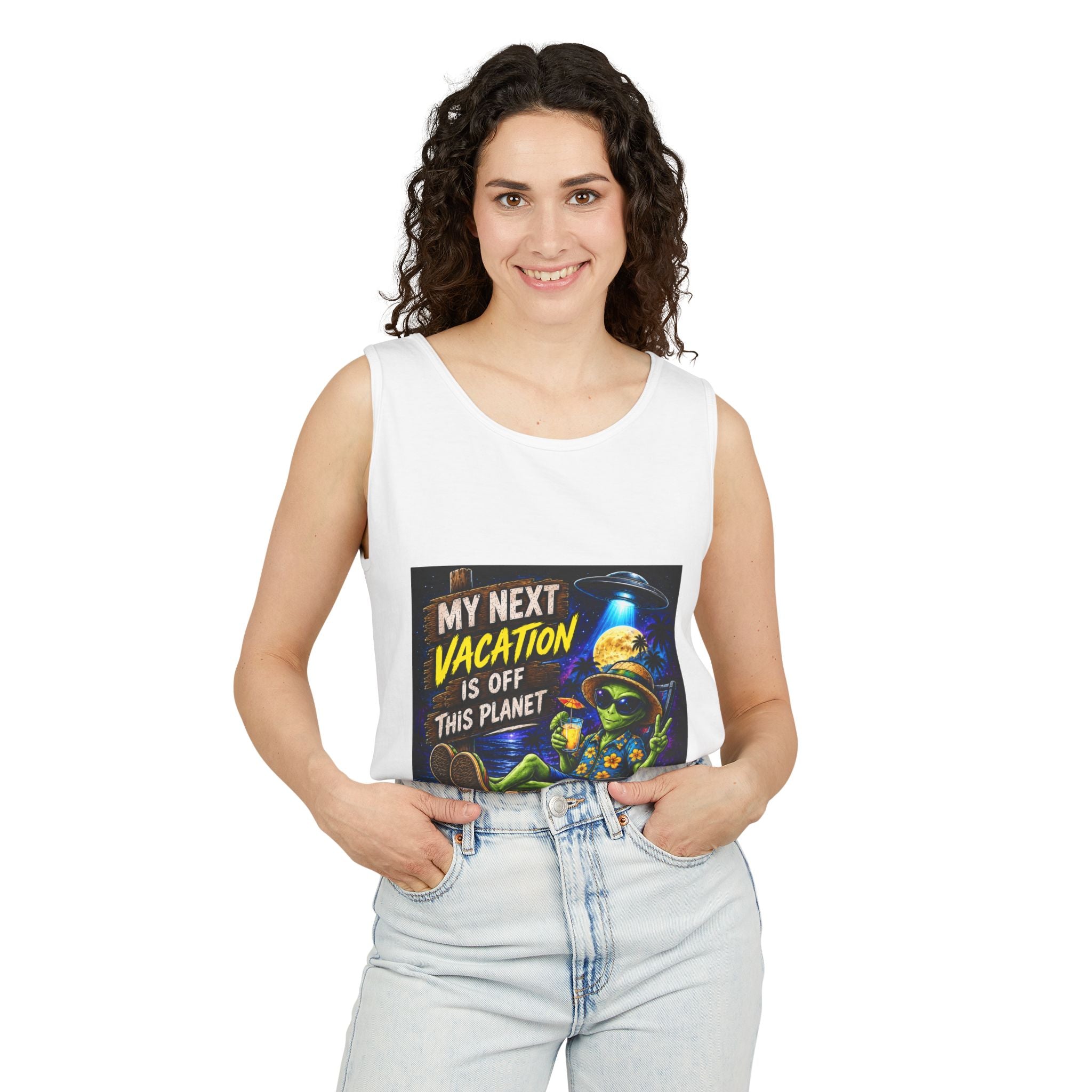 Alien Vacation Tank Top — "My Next Vacation Is Off This Planet" Graphic Tank