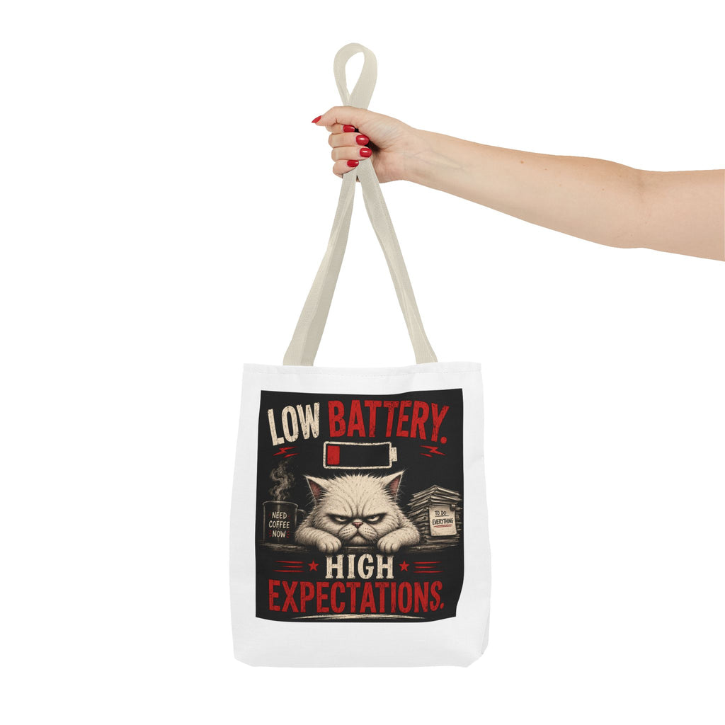 Tote Bag — "Low Battery, High Expectations" Funny Grumpy Cat Graphic Tote