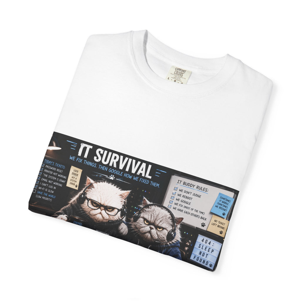 IT Survival T-Shirt — Funny Cat Programmers Desk Graphic Tee