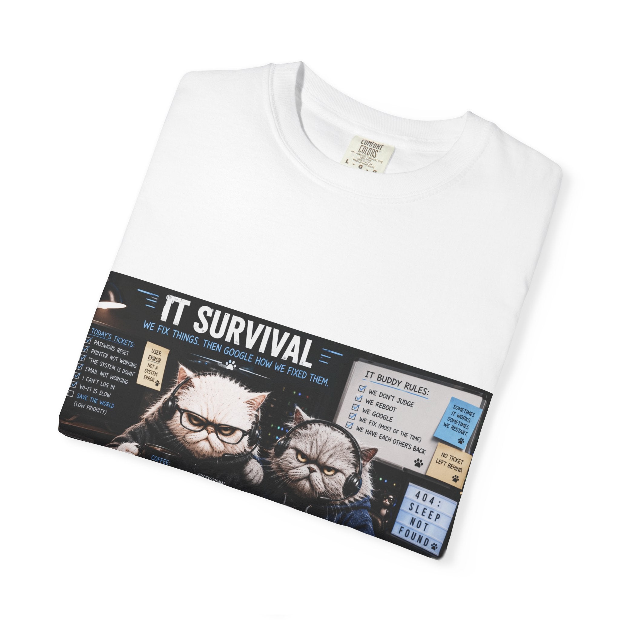 IT Survival T-Shirt — Funny Cat Programmers Desk Graphic Tee