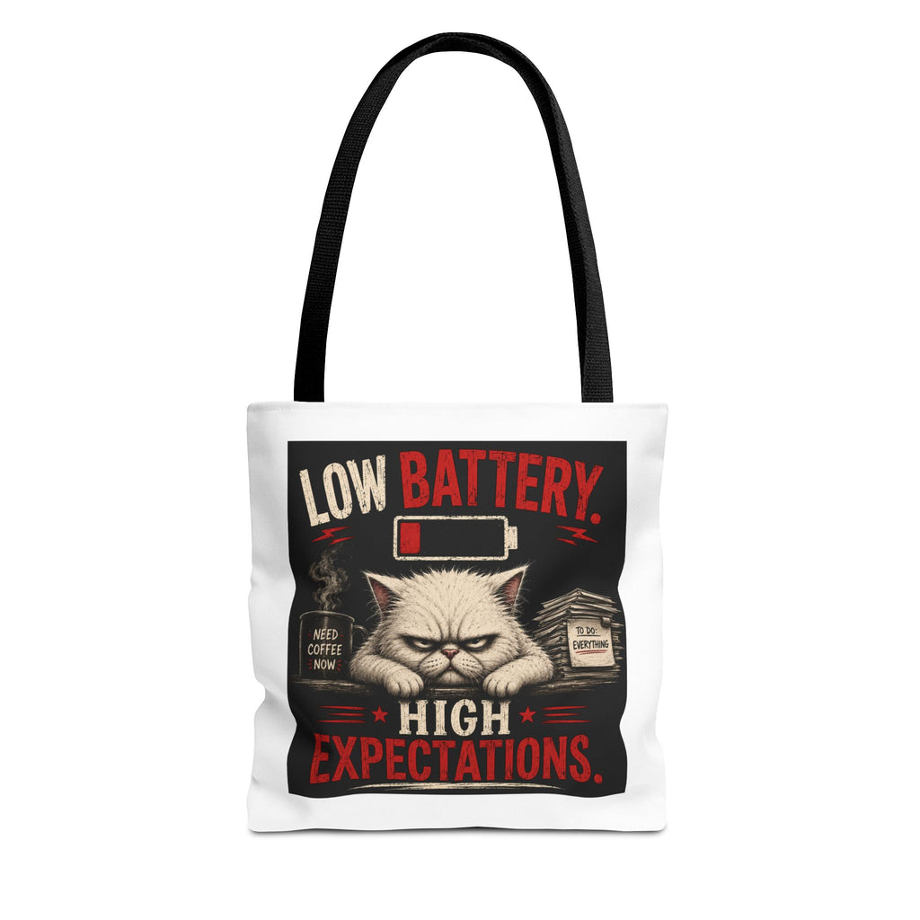 Tote Bag — "Low Battery, High Expectations" Funny Grumpy Cat Graphic Tote