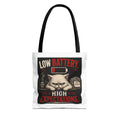 Tote Bag — "Low Battery, High Expectations" Funny Grumpy Cat Graphic Tote