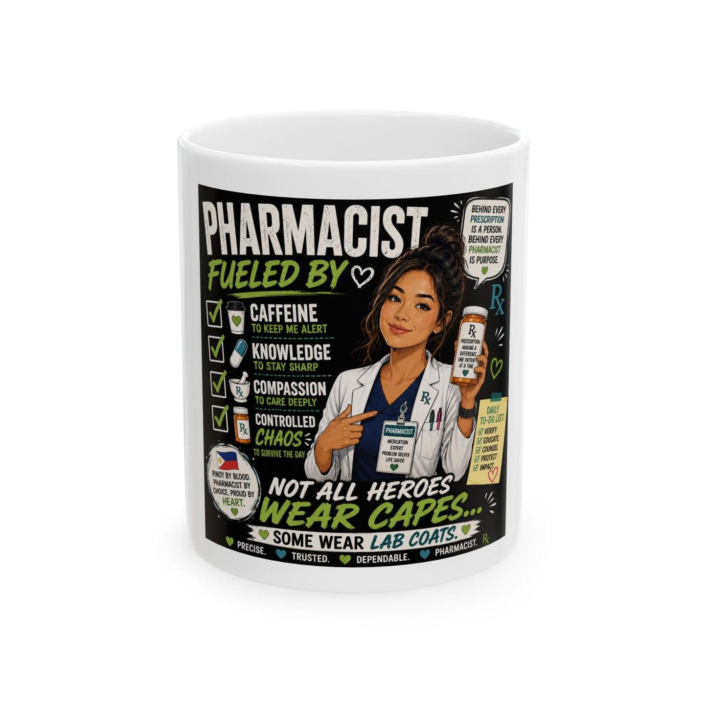 Pharmacist Appreciation Ceramic Mug — "Pharmacists: Fueled by Coffee & Compassion" (11oz/15oz)