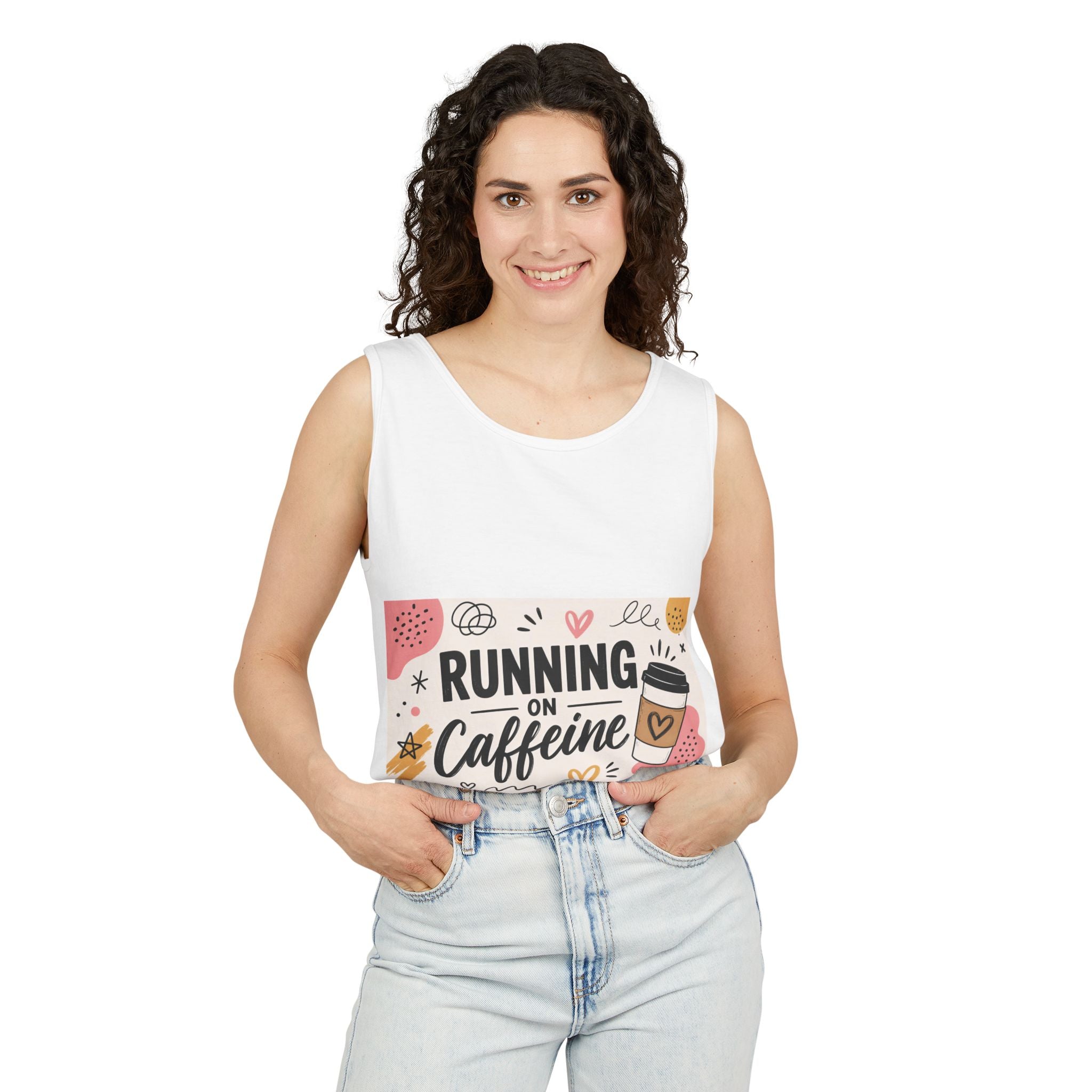 Running on Caffeine Tank Top — Cute Coffee Graphic Tank for Runners & Busy Moms