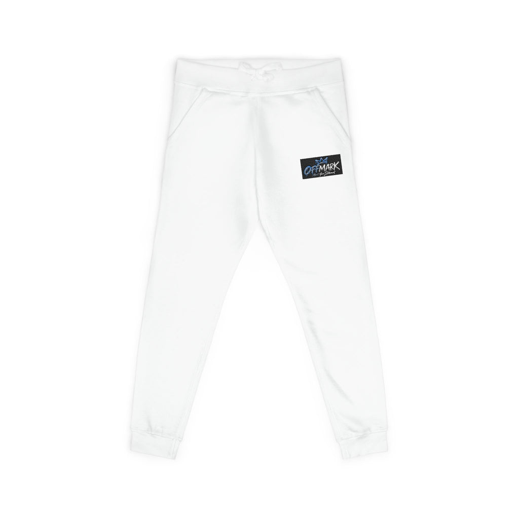 Embroidered White Fleece Sweatpants – Blue and black Patch Logo Joggers