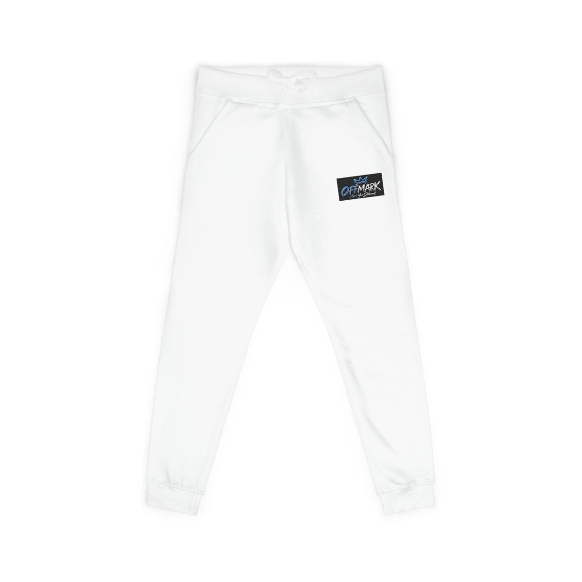 Embroidered White Fleece Sweatpants – Blue and black Patch Logo Joggers