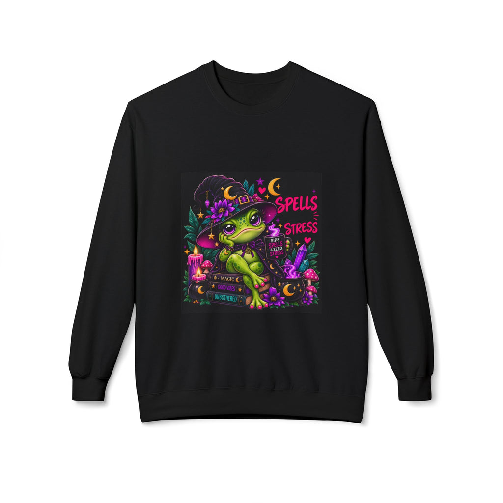Crewneck Sweatshirt — Cute Witch Frog "Spells > Stress" Graphic