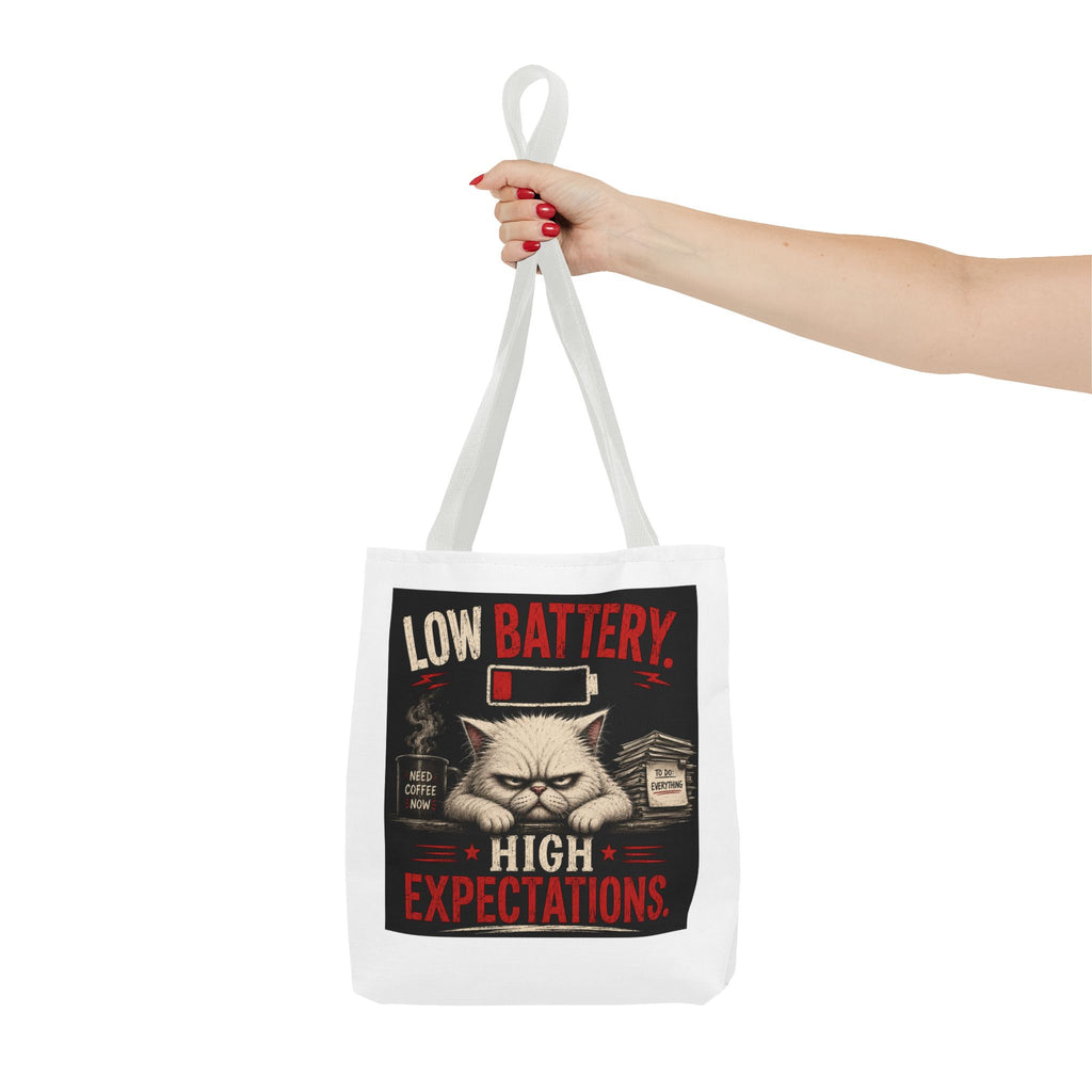Tote Bag — "Low Battery, High Expectations" Funny Grumpy Cat Graphic Tote