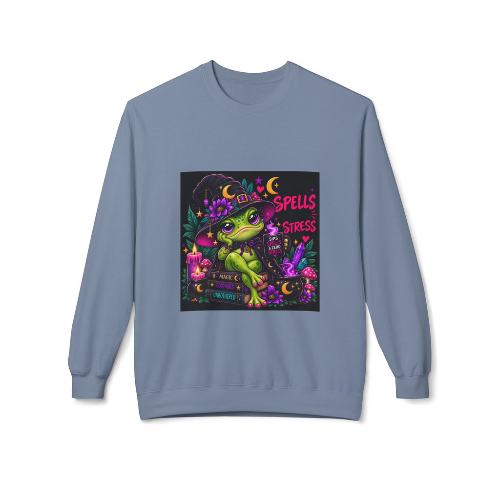 Crewneck Sweatshirt — Cute Witch Frog "Spells > Stress" Graphic