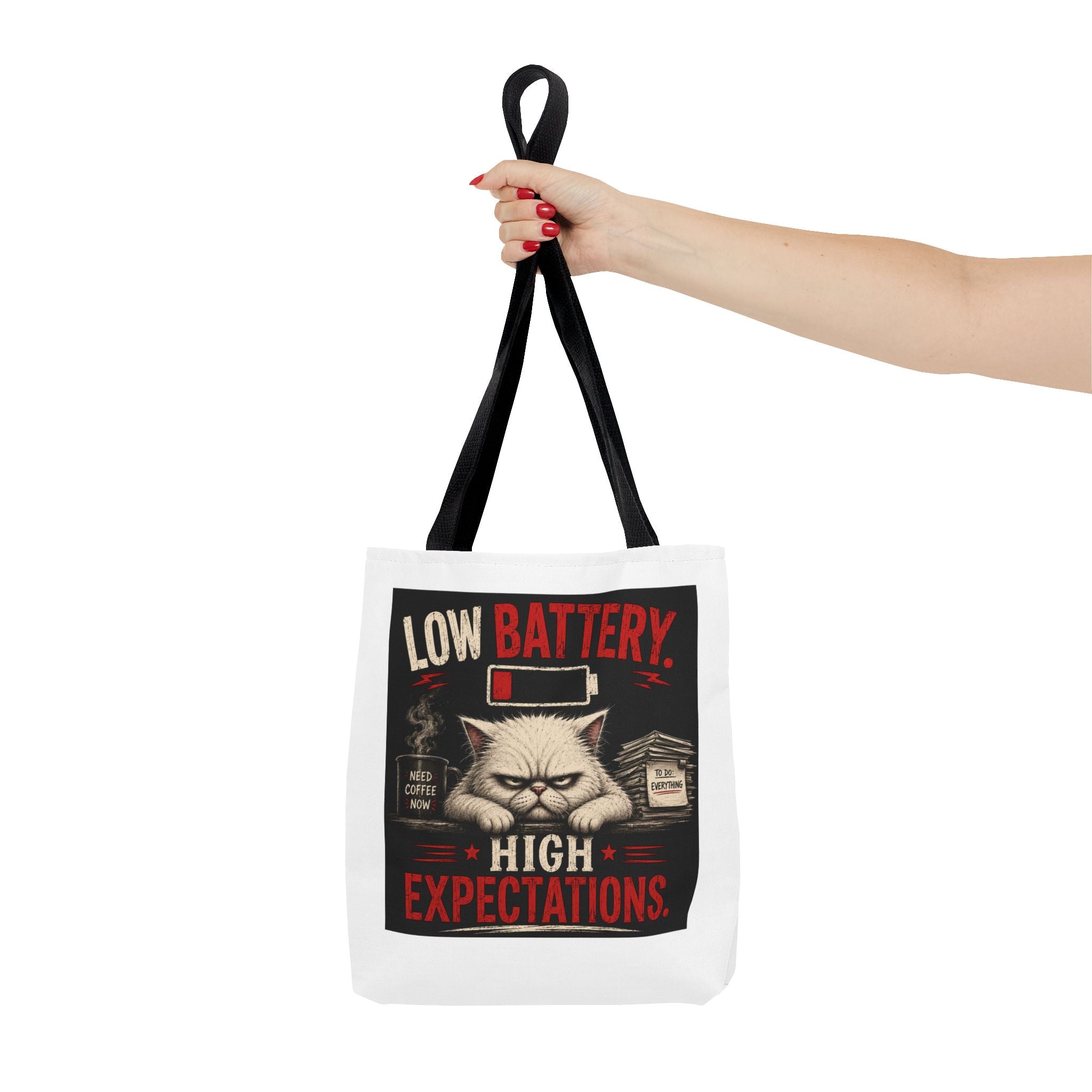 Tote Bag — "Low Battery, High Expectations" Funny Grumpy Cat Graphic Tote