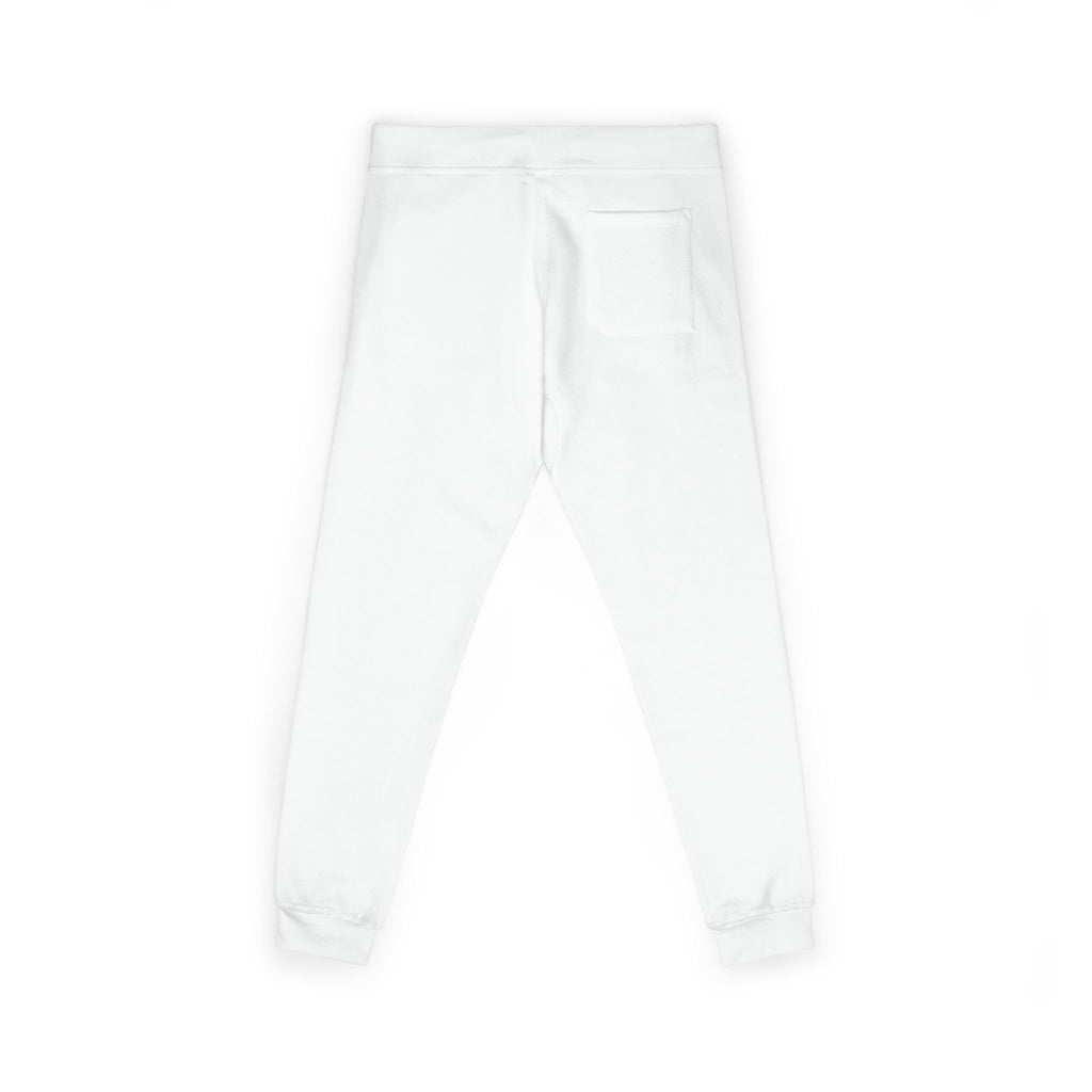 Embroidered White Fleece Sweatpants – Blue and black Patch Logo Joggers